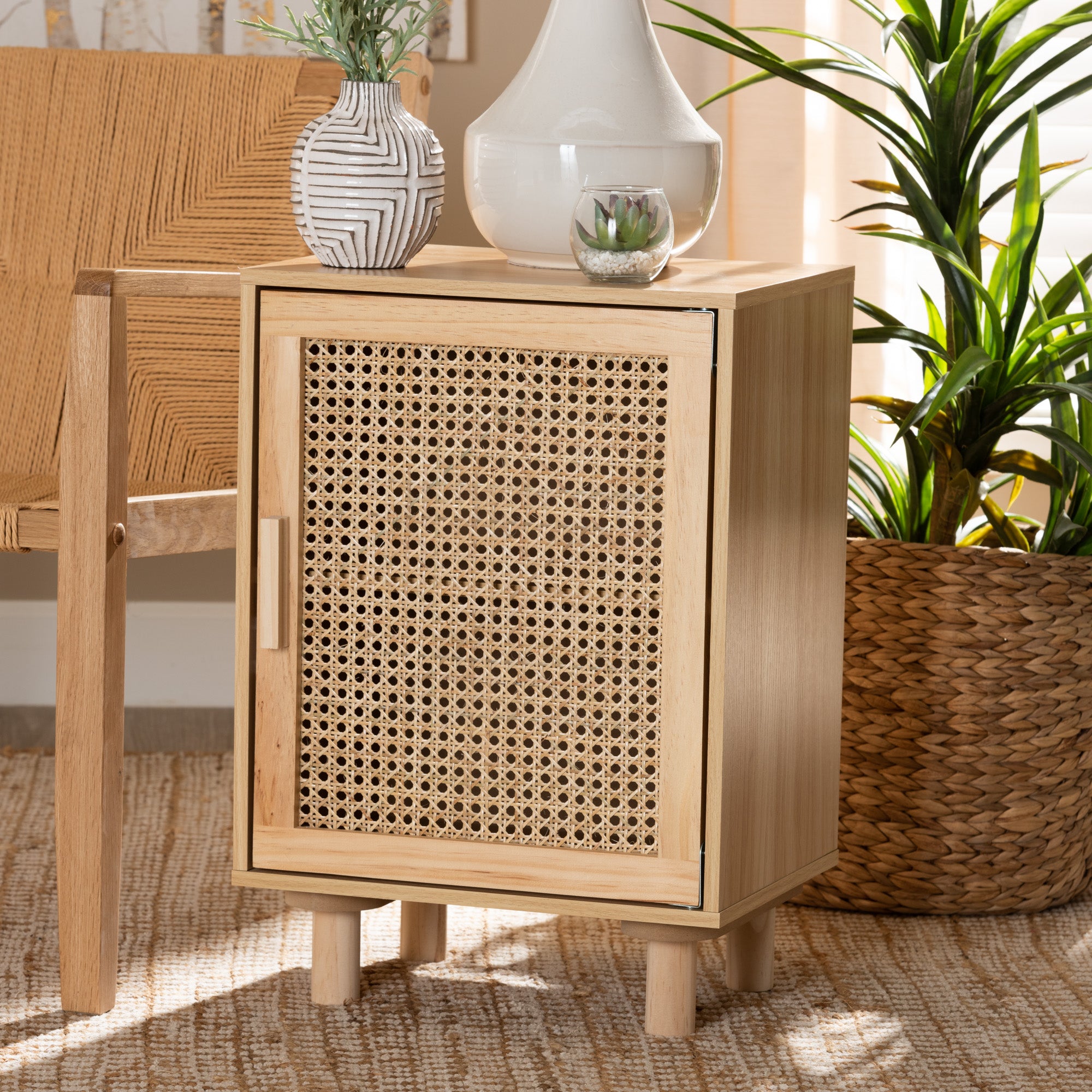 Maclean Mid-Century Modern Rattan and Finished Wood 1-Door End Table