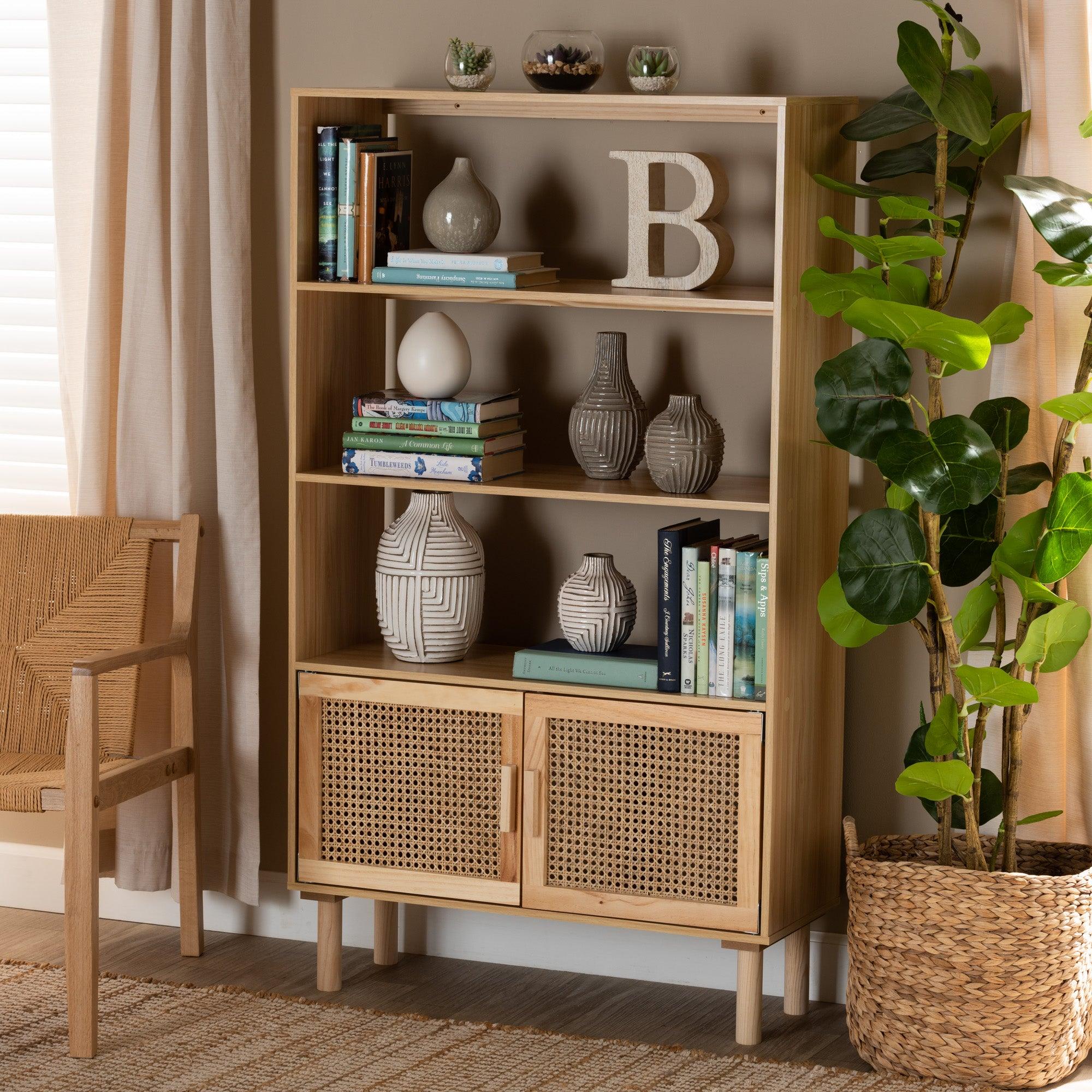 Faulkner Mid-Century Modern Finished Wood and Rattan 2-Door Bookcase