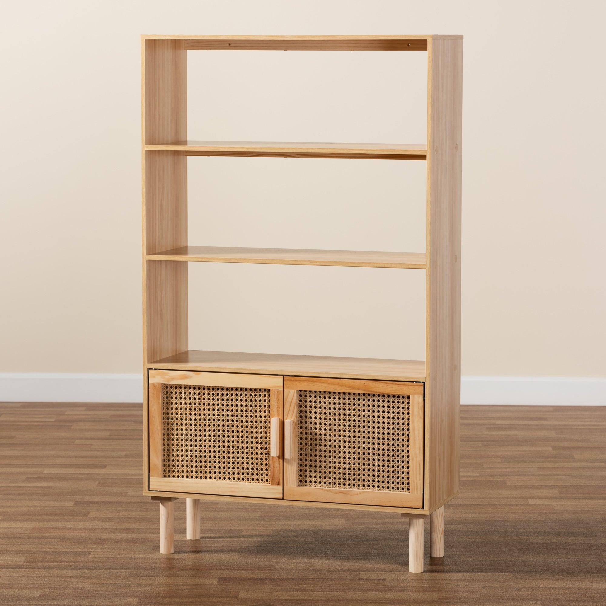 Faulkner Mid-Century Modern Finished Wood and Rattan 2-Door Bookcase