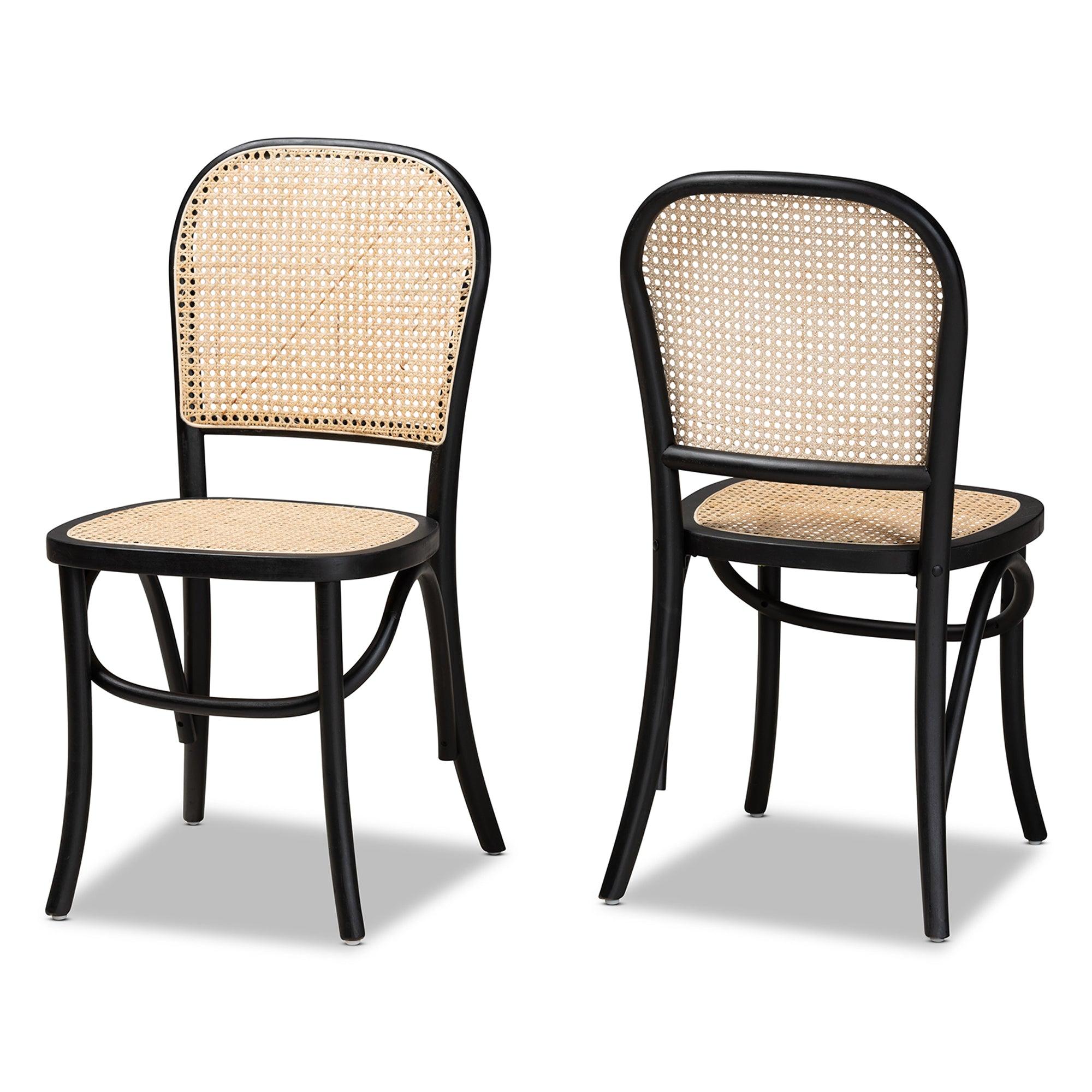 Cambree Mid-Century Modern Woven Rattan and Wood 2-Piece Cane Dining Chair Set