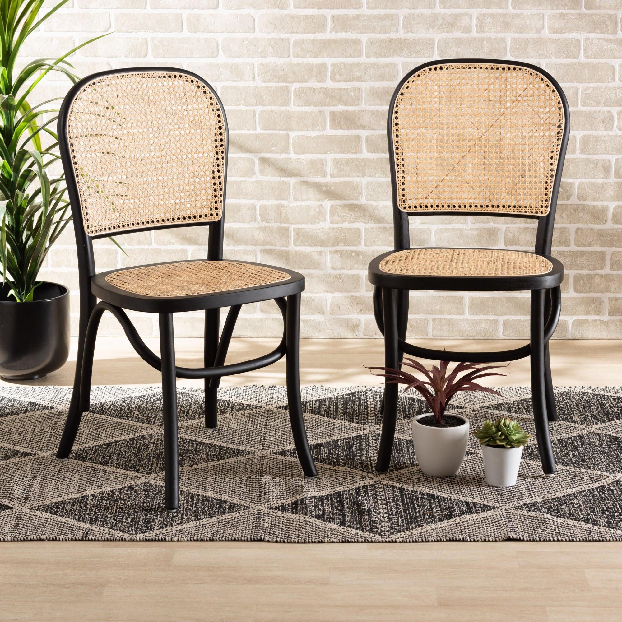 Cambree Mid-Century Modern Woven Rattan and Wood 2-Piece Cane Dining Chair Set