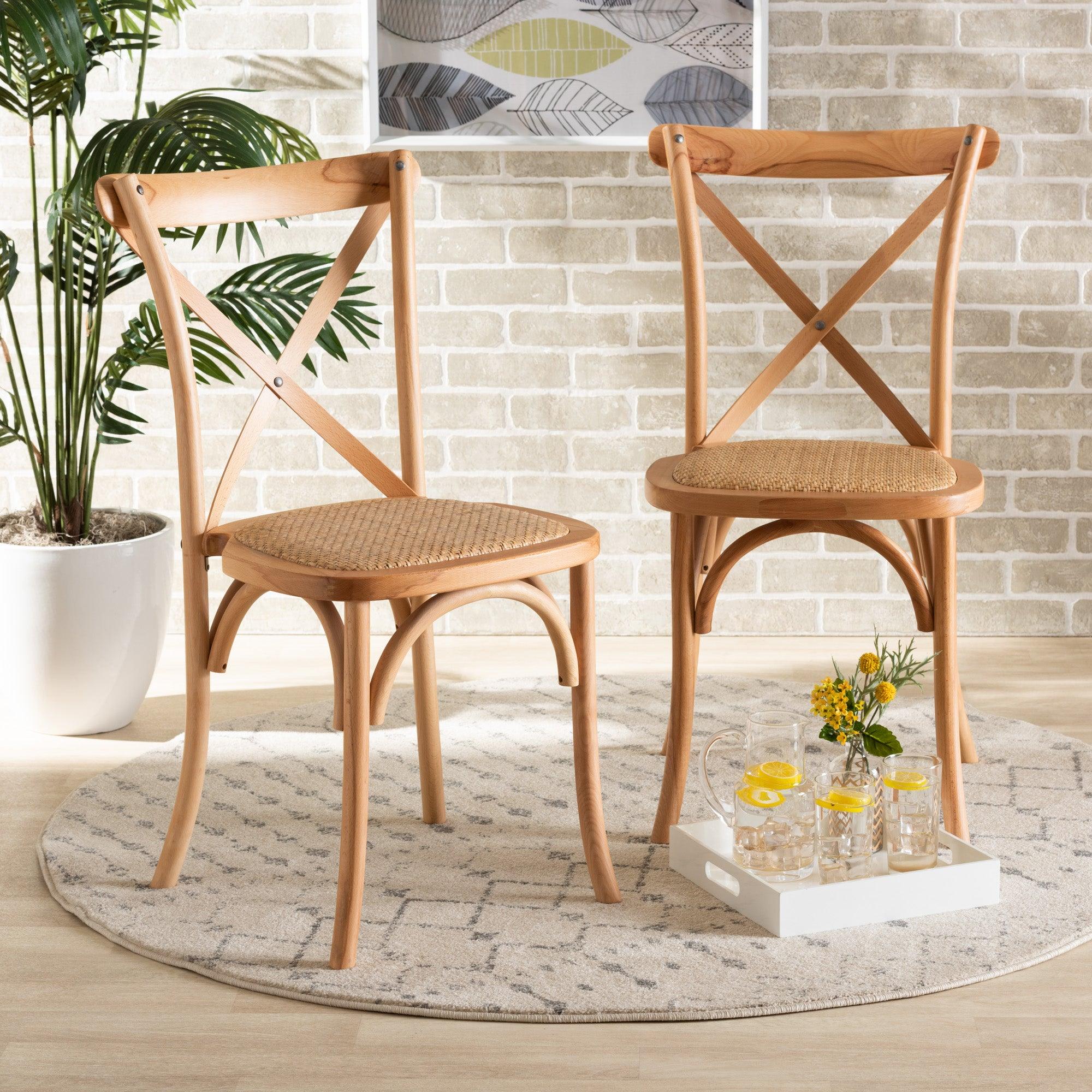 Tartan Mid-Century Modern Woven Rattan and Wood 2-Piece Dining Chair Set