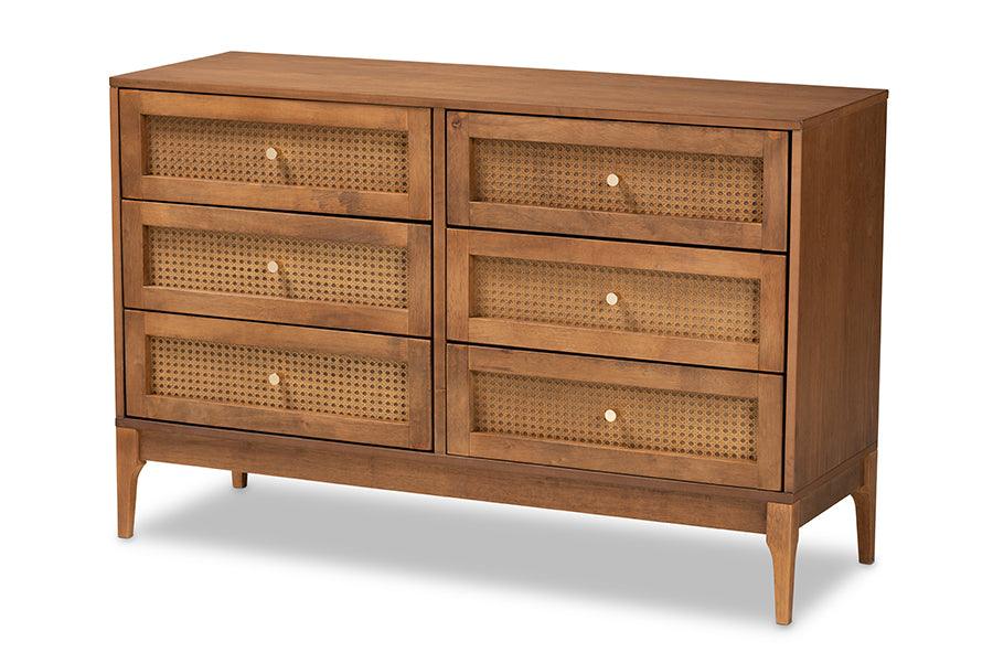 Ramiel Mid-Century Modern Ash Finished Wood and Rattan 6-Drawer Dresser