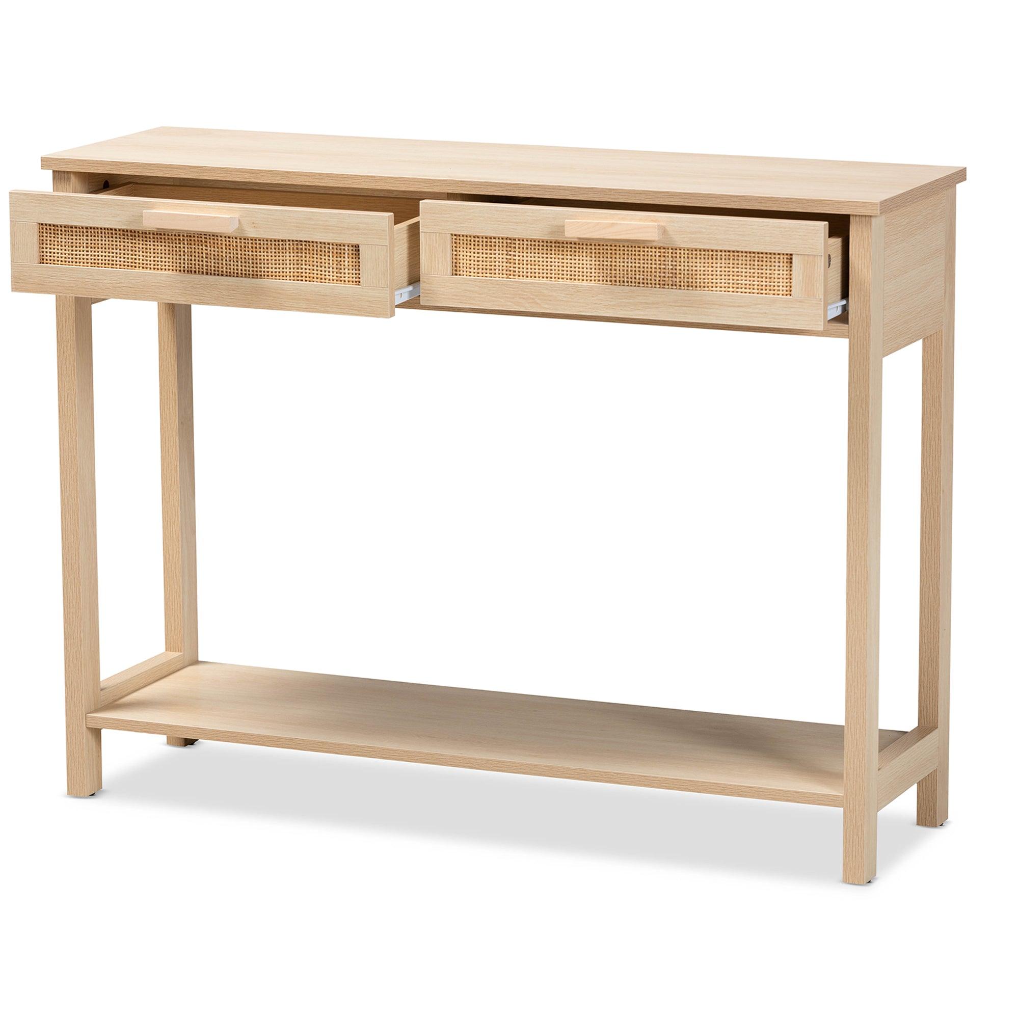 Sebille Mid-Century Modern Light Finished Wood 2-Drawer Console Table