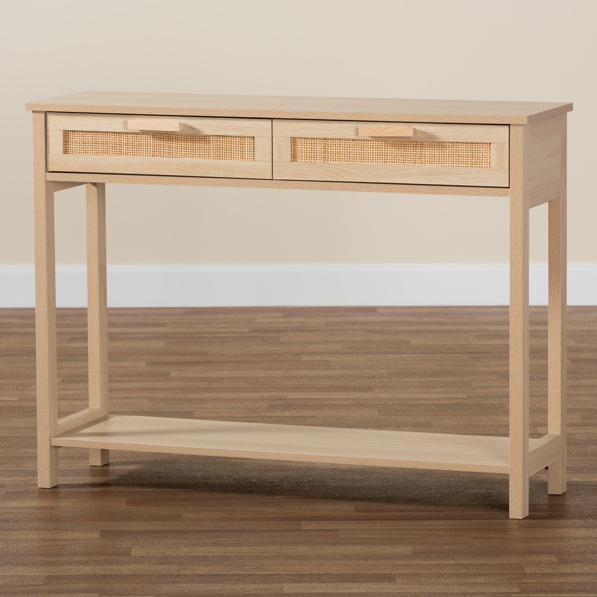Sebille Mid-Century Modern Light Finished Wood 2-Drawer Console Table