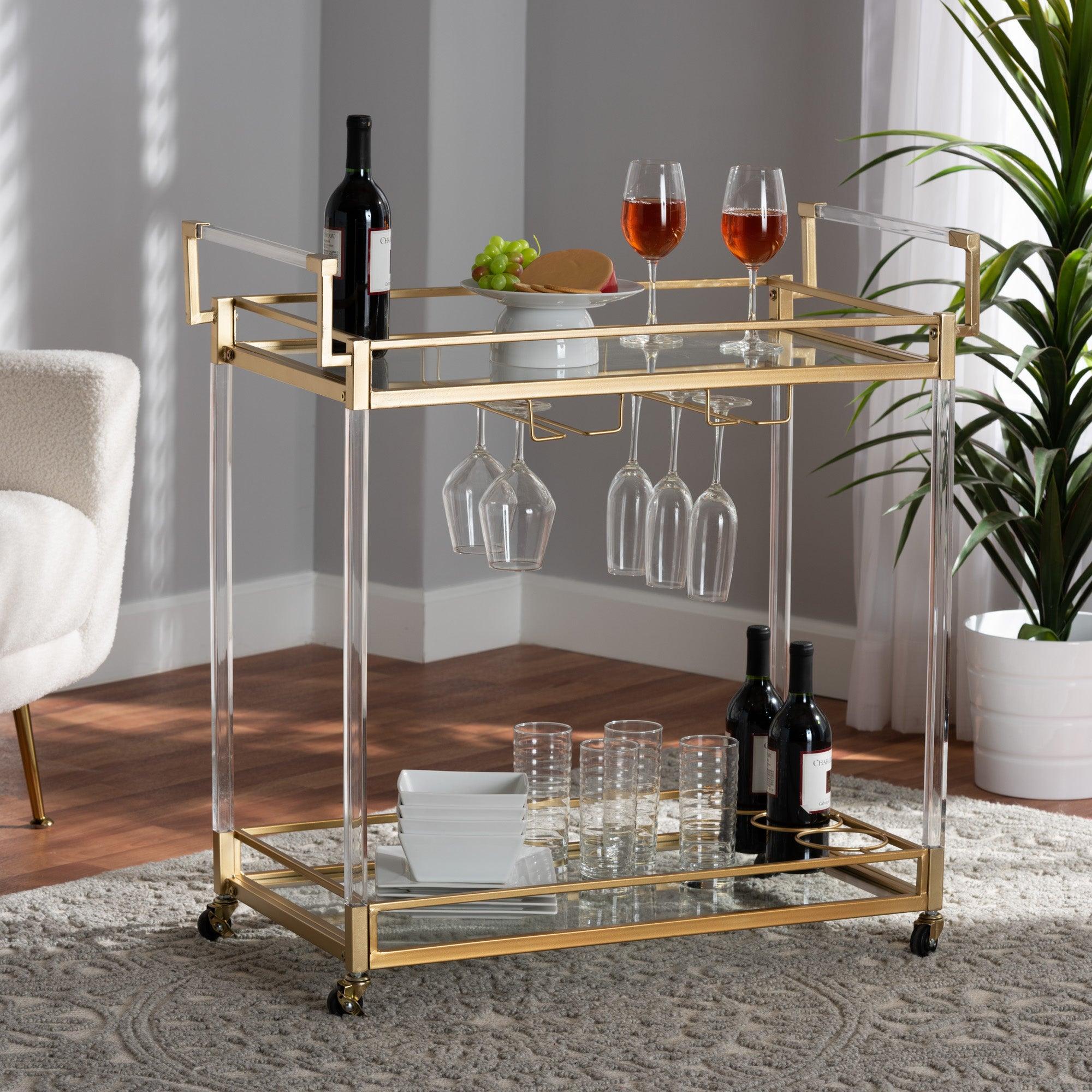 Savannah Contemporary Glam and Luxe Metal and Glass Wine Cart