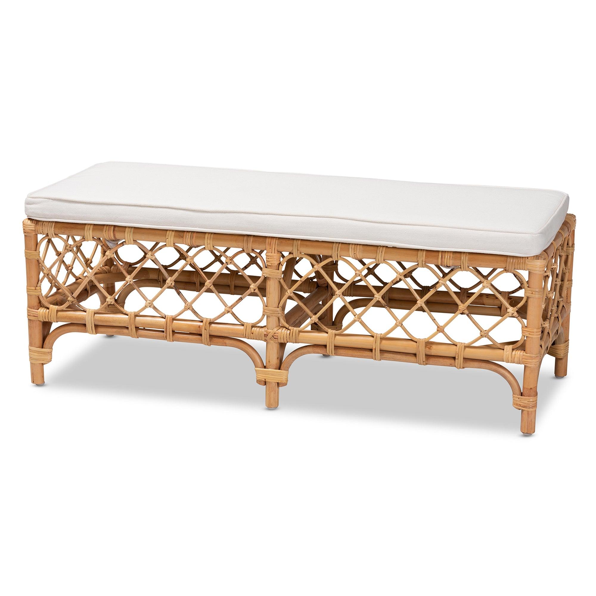 Bali & Pari Orchard Modern Bohemian Fabric Upholstered and Rattan Bench