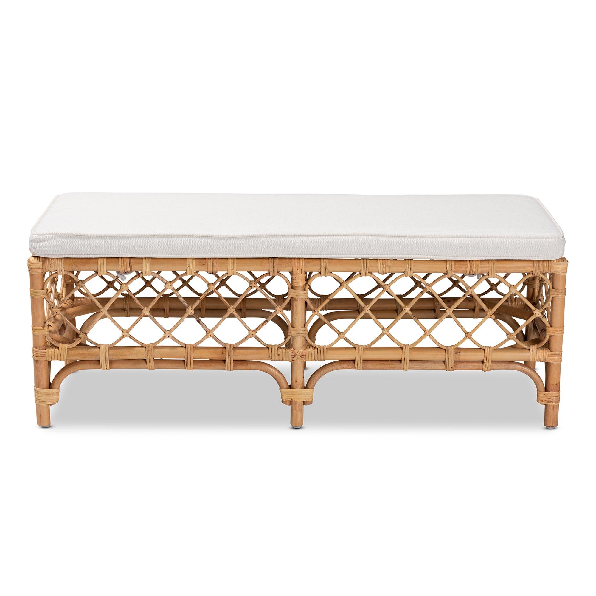 Bali & Pari Orchard Modern Bohemian Fabric Upholstered and Rattan Bench