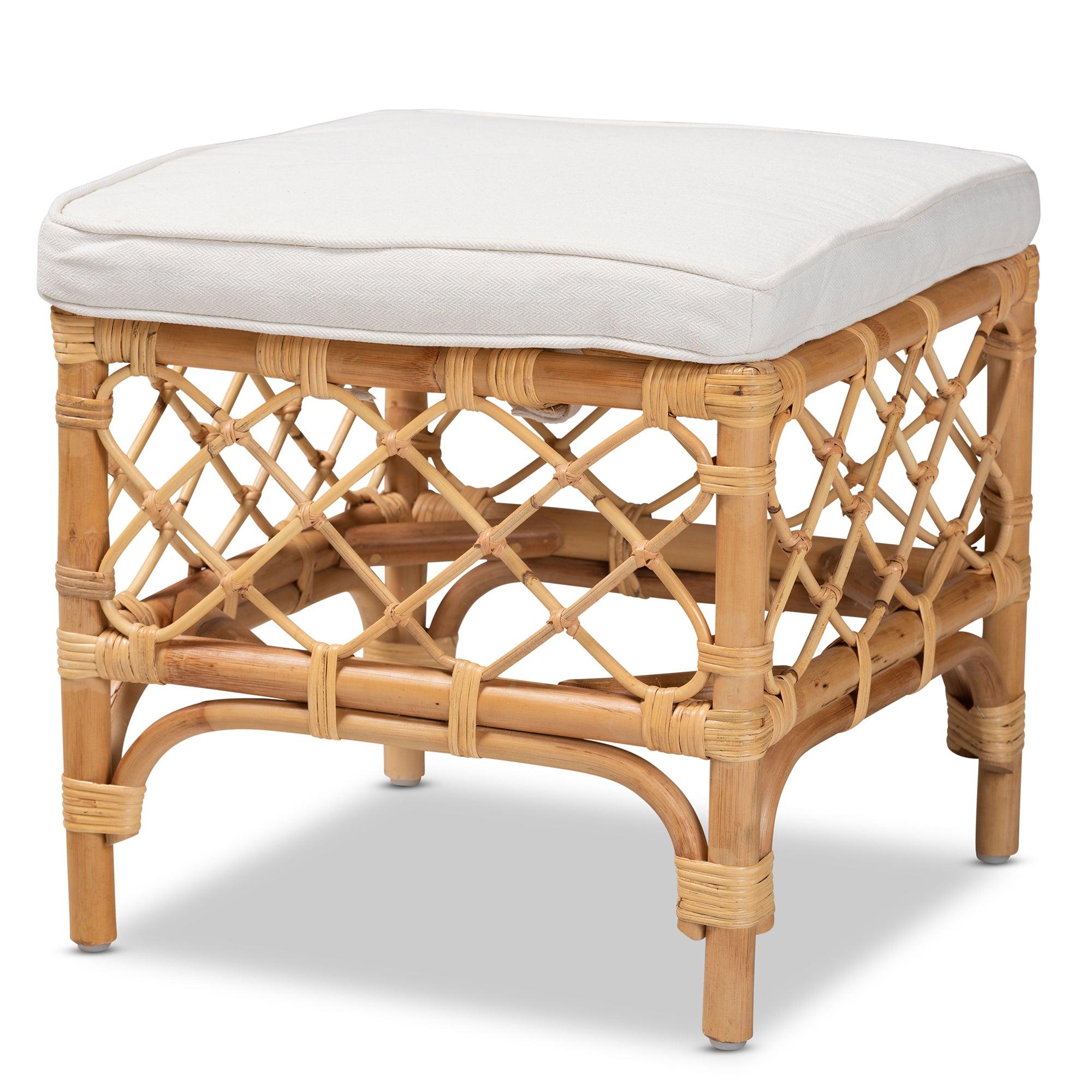 Bali & Pari Orchard Modern Bohemian Fabric Upholstered and Rattan Ottoman