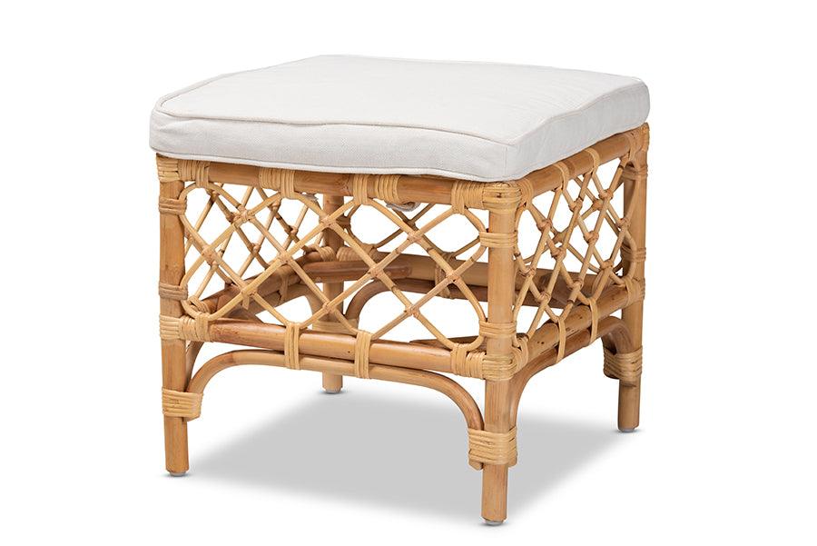 Bali & Pari Orchard Modern Bohemian Fabric Upholstered and Rattan Ottoman