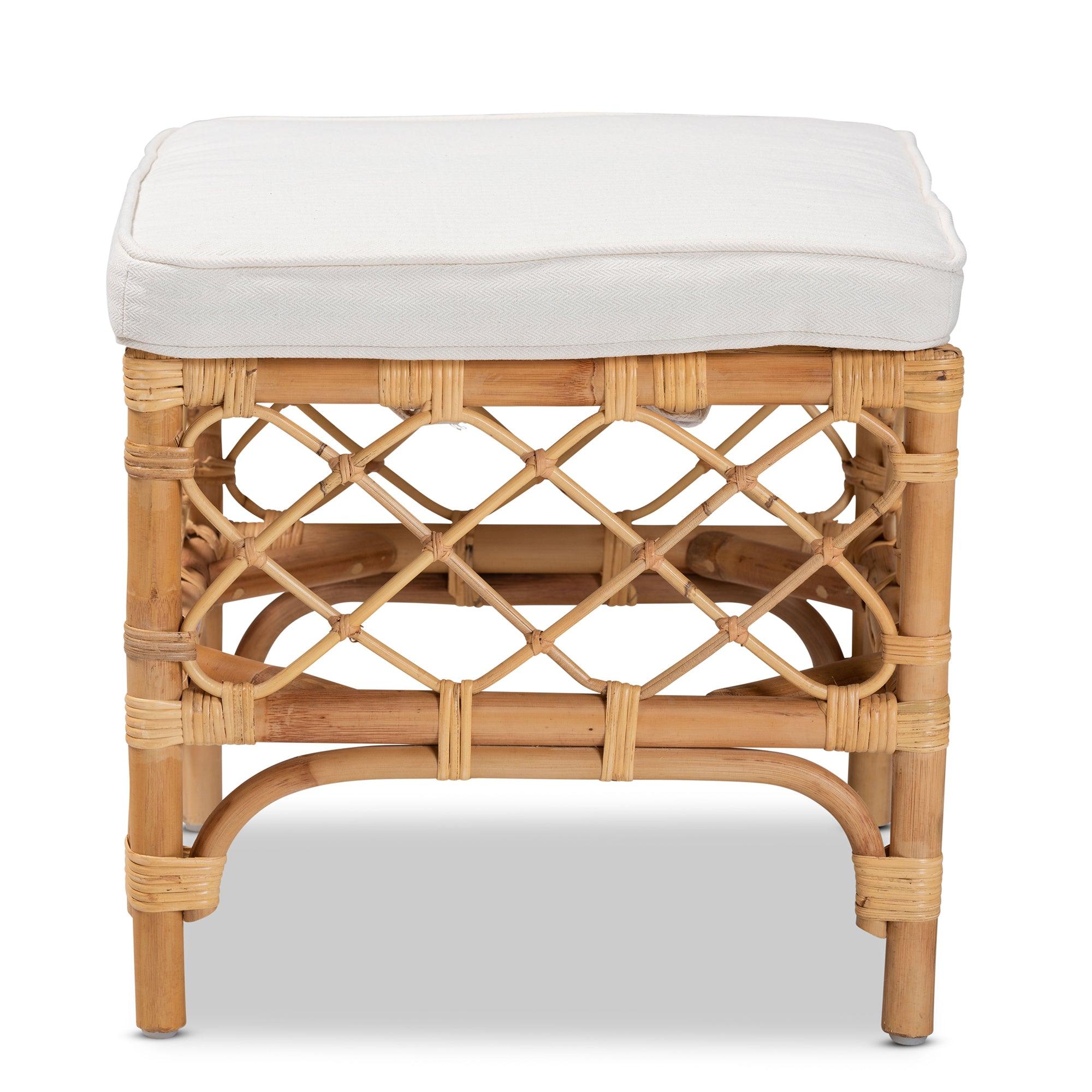 Bali & Pari Orchard Modern Bohemian Fabric Upholstered and Rattan Ottoman
