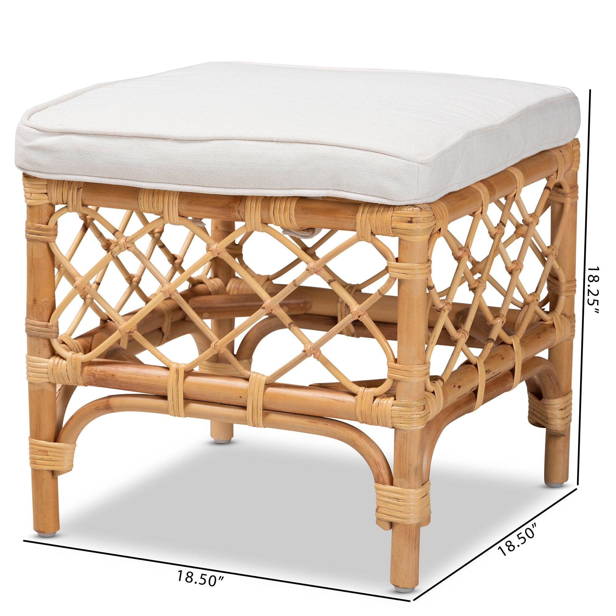Bali & Pari Orchard Modern Bohemian Fabric Upholstered and Rattan Ottoman