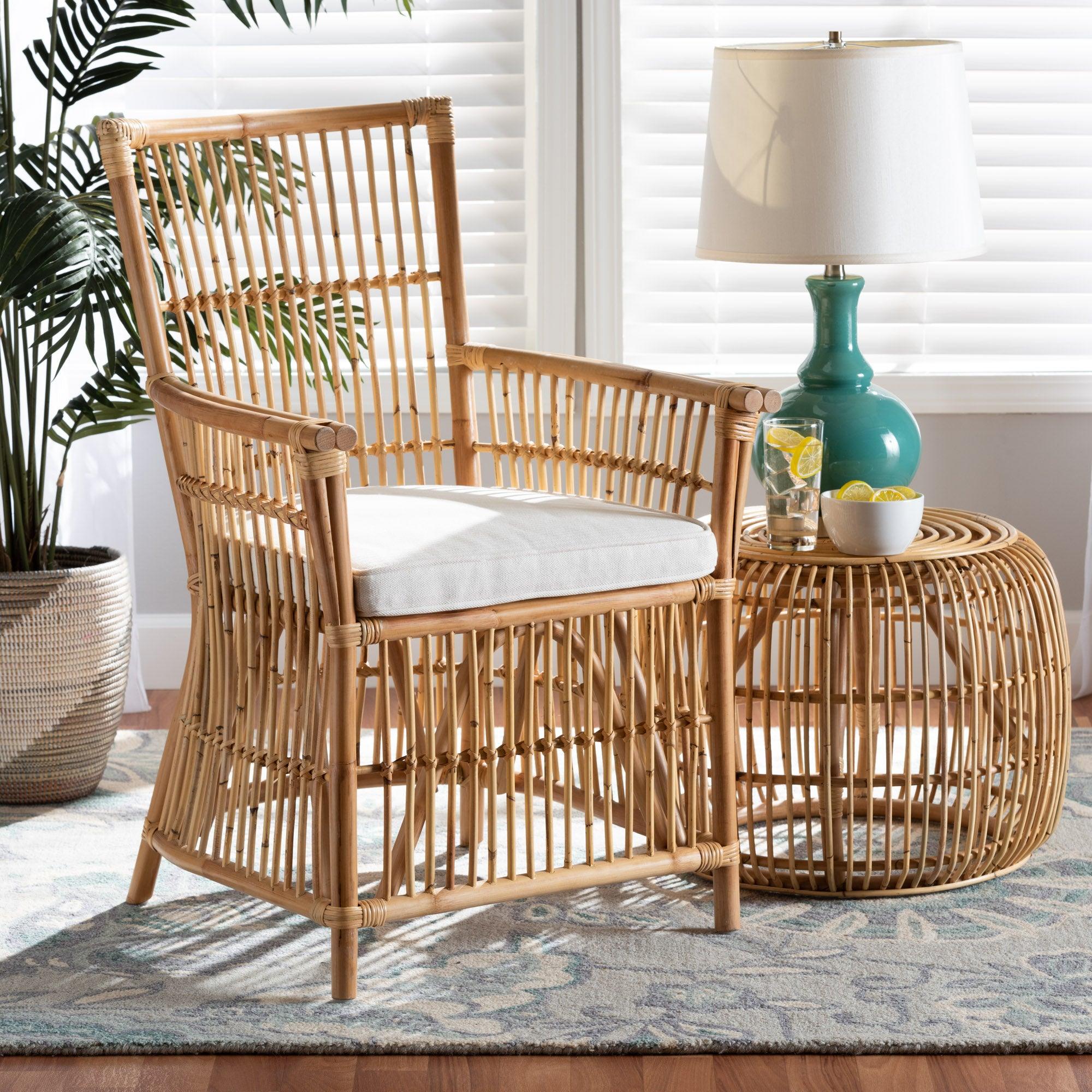 bali & pari Rose Modern Bohemian Fabric Upholstered and Rattan Armchair