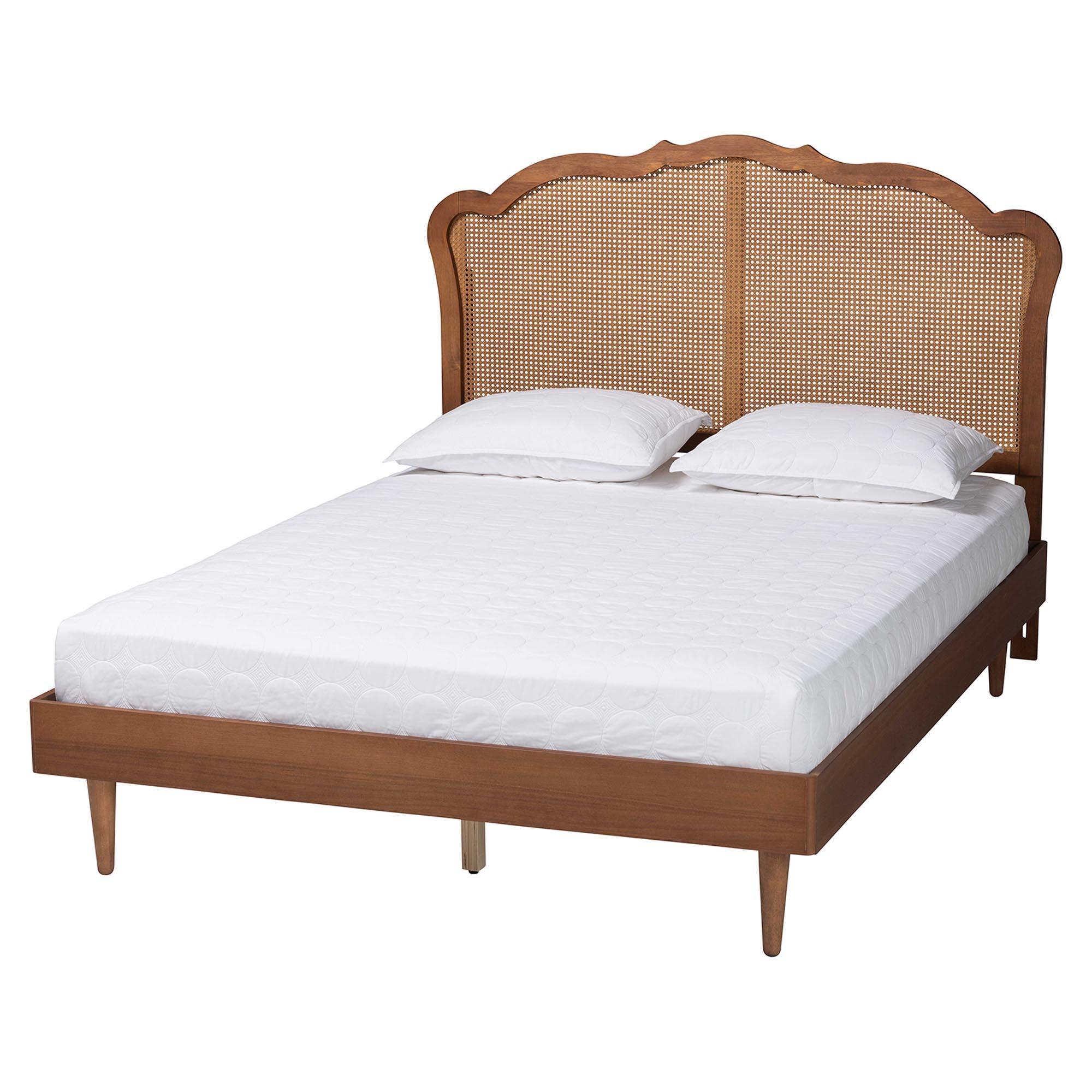 Camden Mid-Century Wood and Rattan Platform Bed