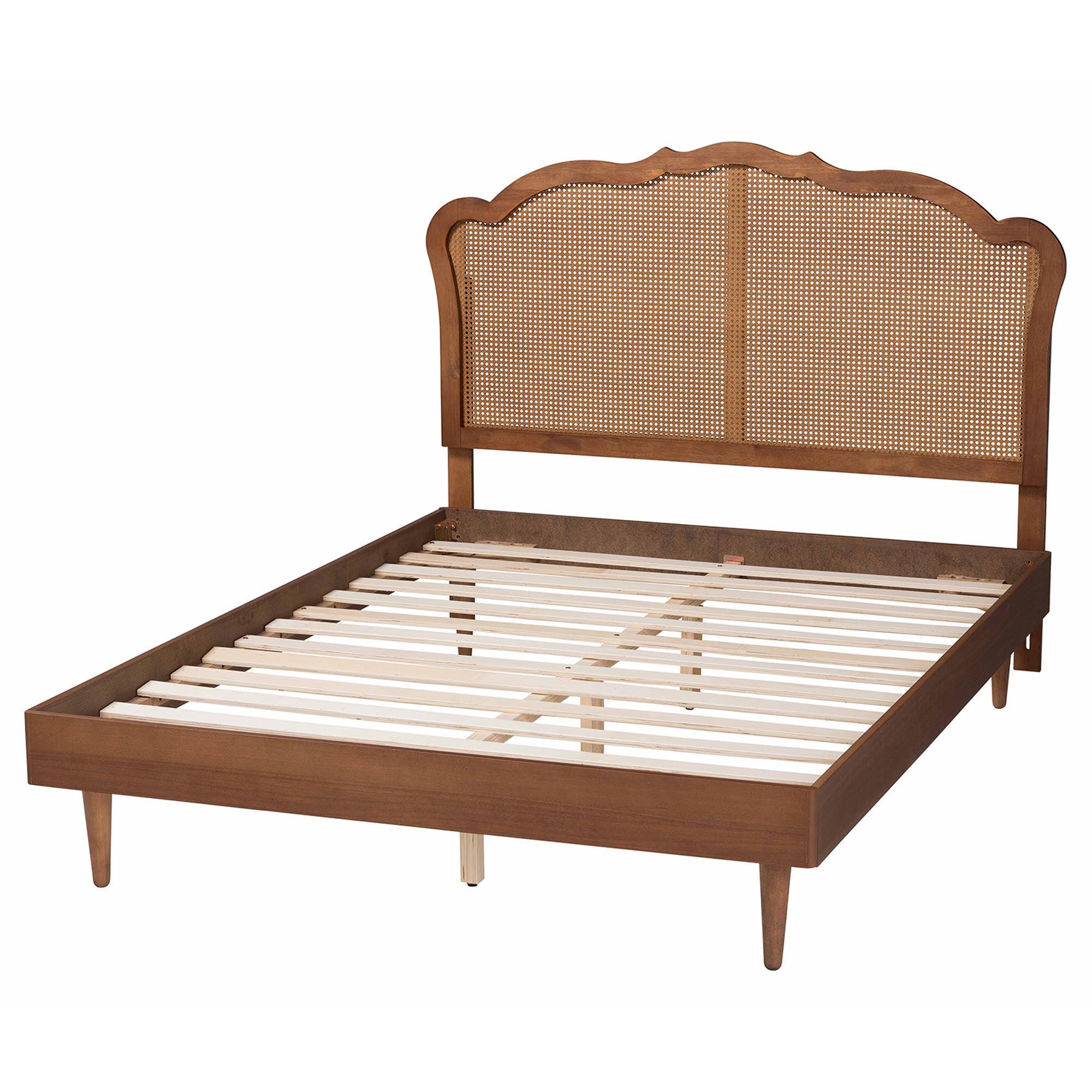 Camden Mid-Century Wood and Rattan Platform Bed