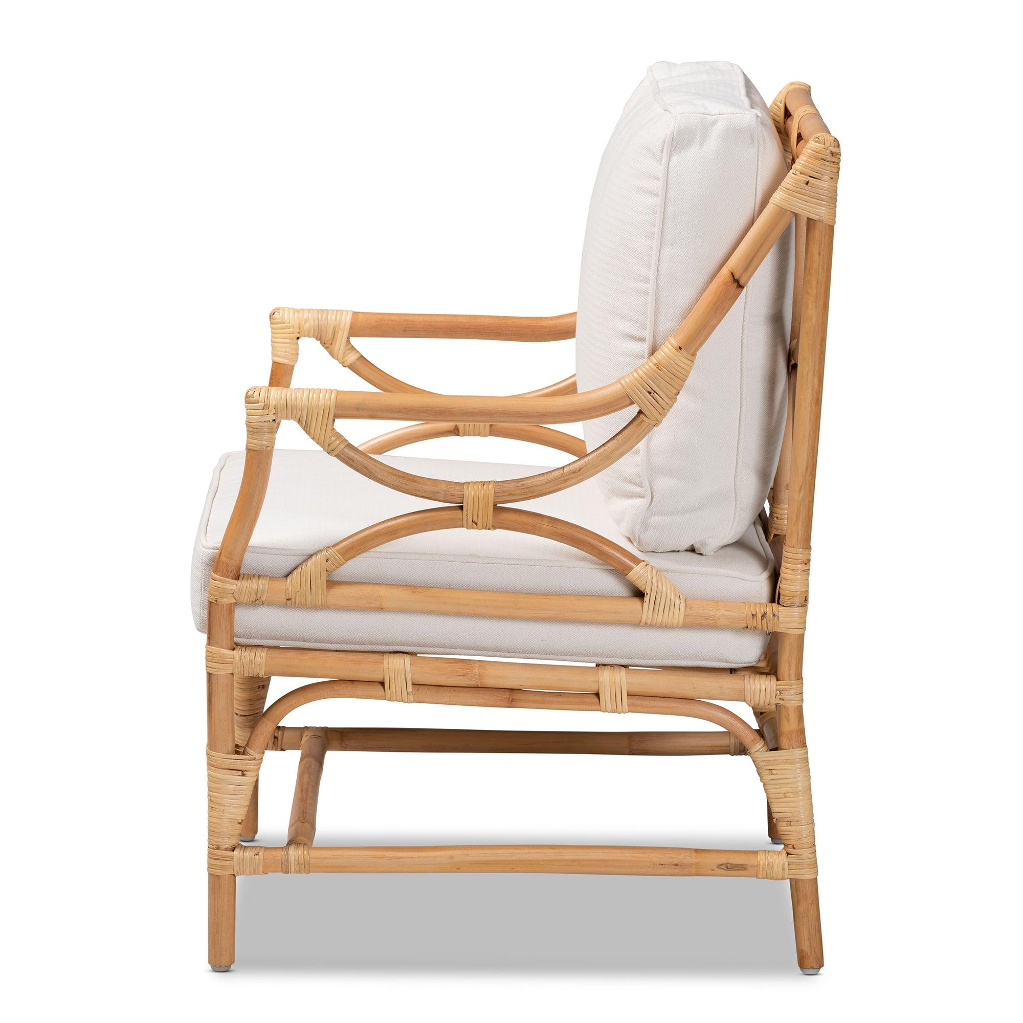 Bali & Pari Brandon Modern Bohemian Fabric Upholstered and Rattan Armchair