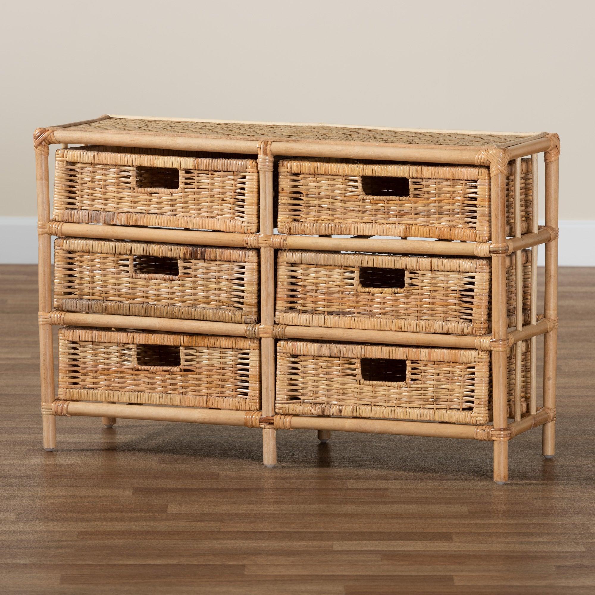 bali & pari Dariana Modern Bohemian Rattan 6-Drawer Storage Cabinet