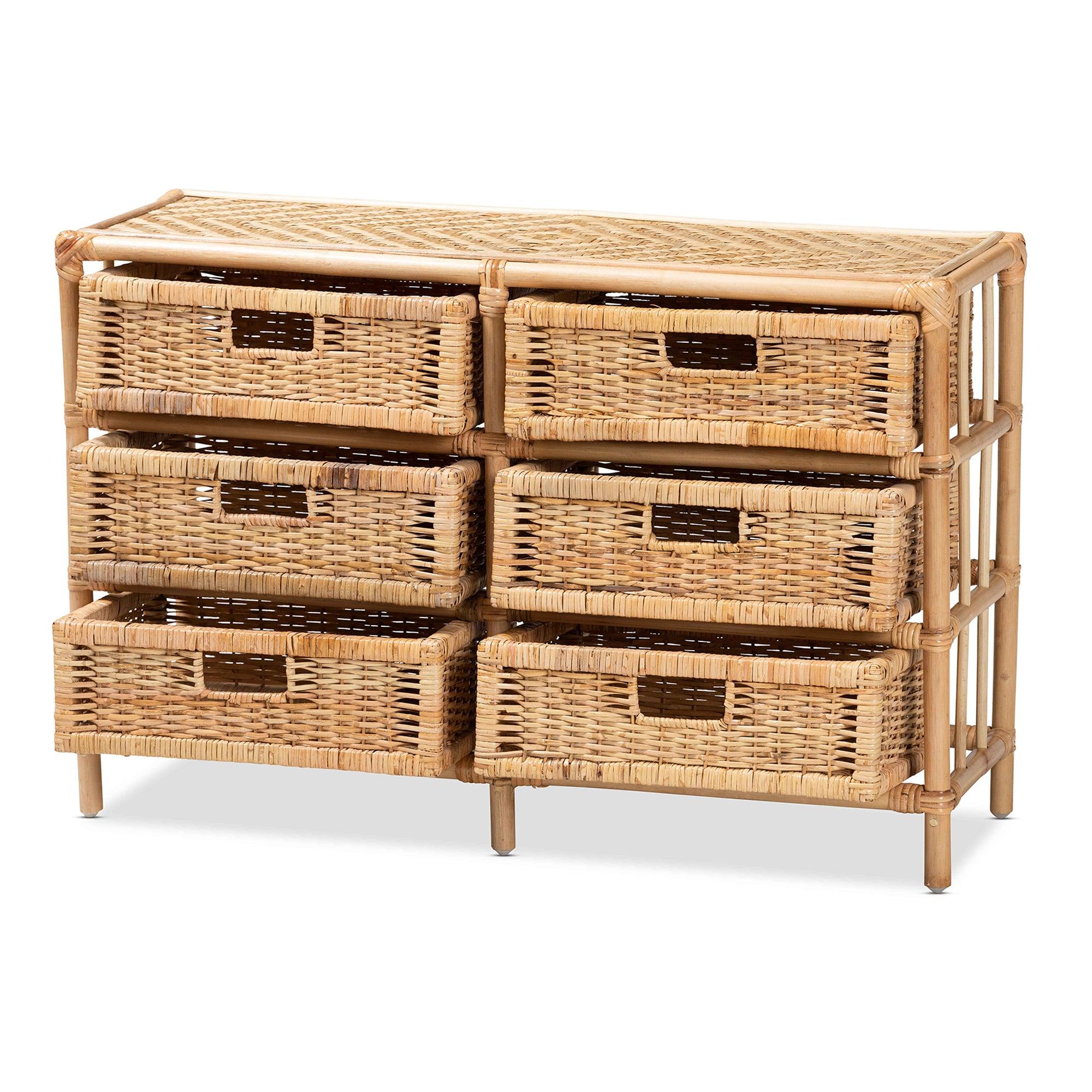 Bali & Pari Dariana Modern Bohemian Rattan 6-Drawer Storage Cabinet