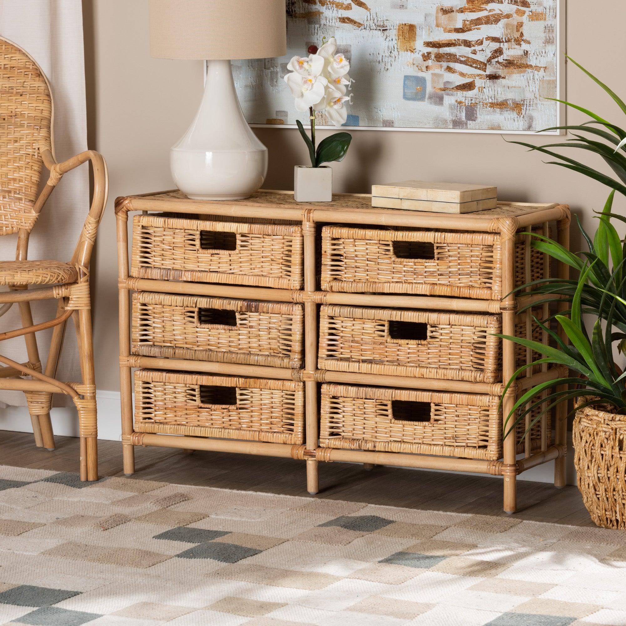 bali & pari Dariana Modern Bohemian Rattan 6-Drawer Storage Cabinet