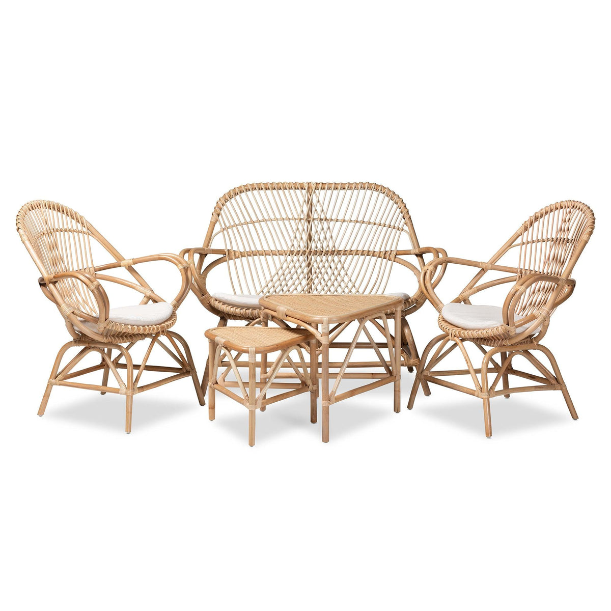 Jayden Modern Bohemian Fabric Upholstered and Finished Rattan 5-Piece Living Room Set