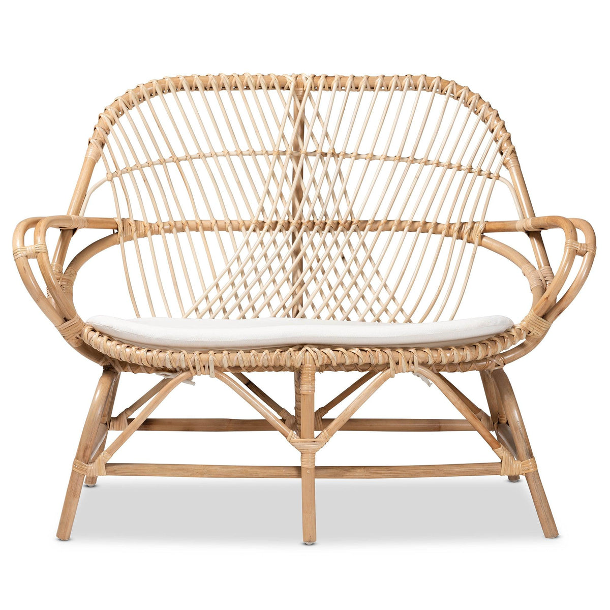 Bali & Pari Jayden Modern Bohemian Fabric Upholstered and Finished Rattan Loveseat