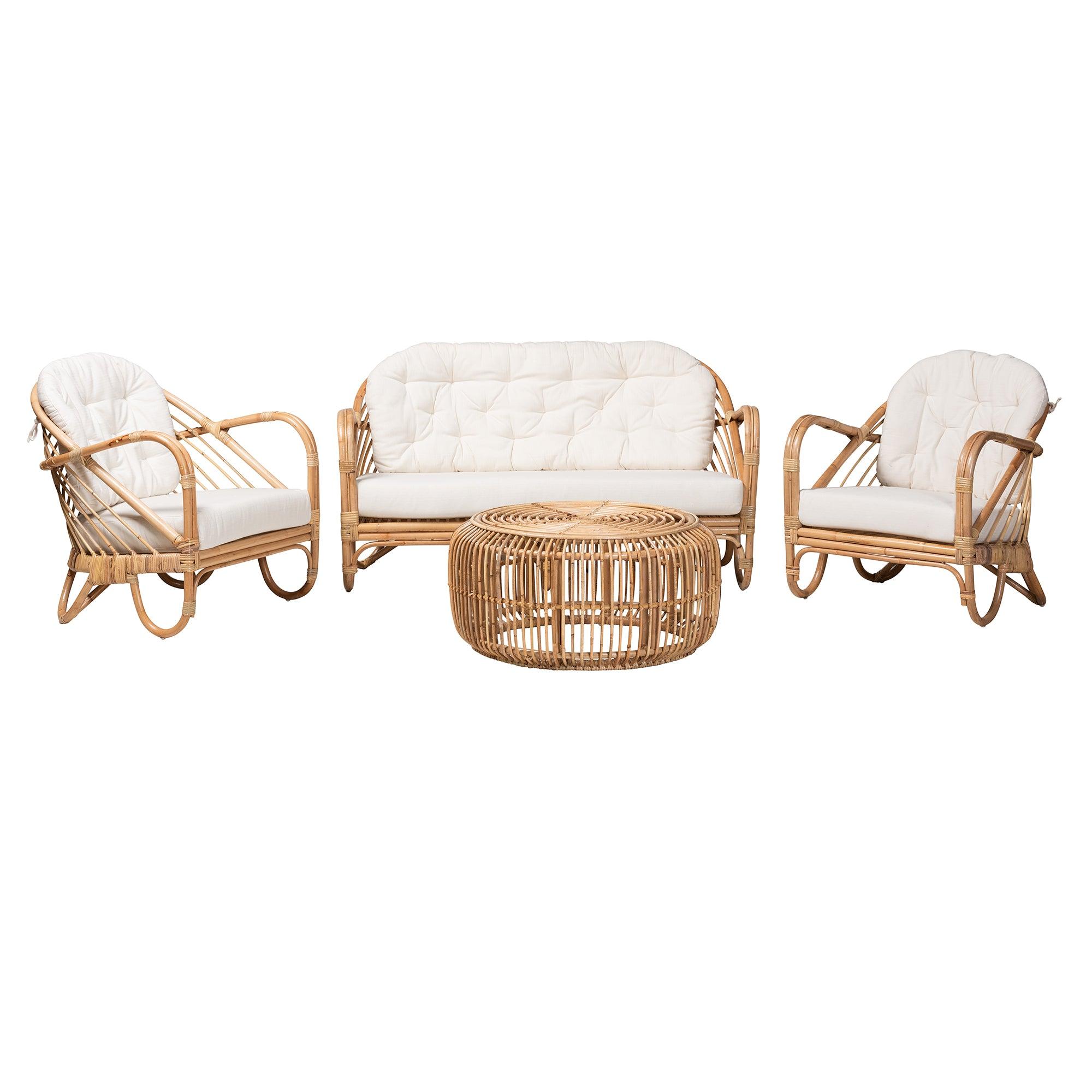 Aliane Modern Bohemian Antique Rattan 4-Piece Living Room Set