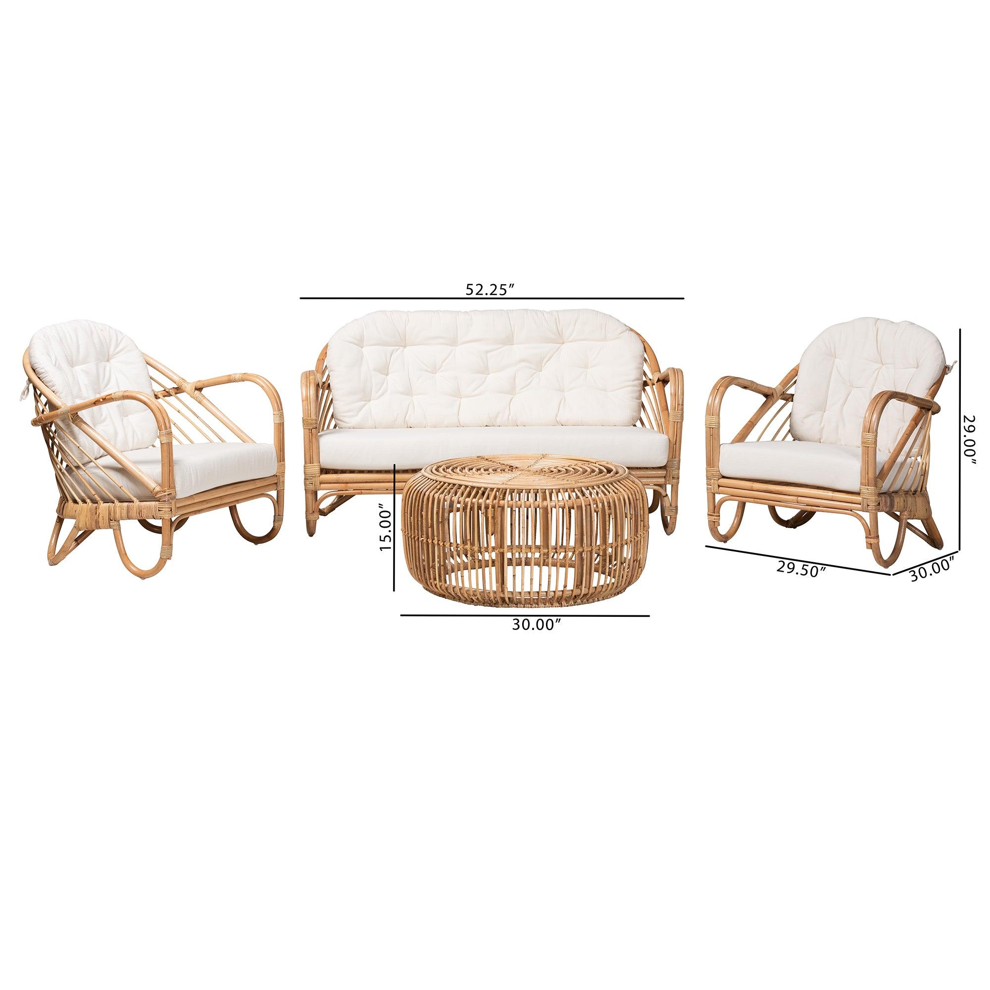 Aliane Modern Bohemian Antique Rattan 4-Piece Living Room Set