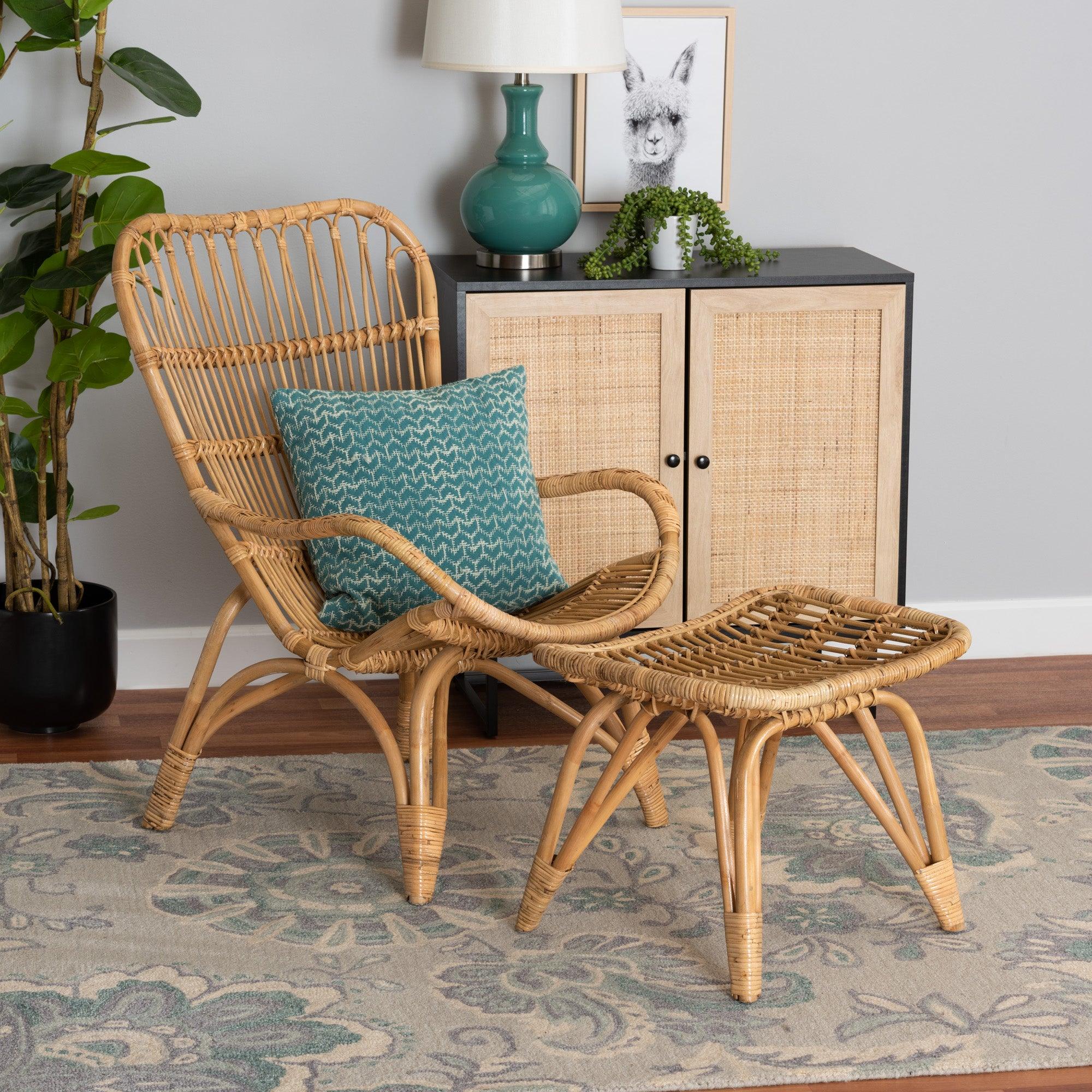 Earvin Modern Bohemian Rattan 2-Piece Armchair and Footstool Set