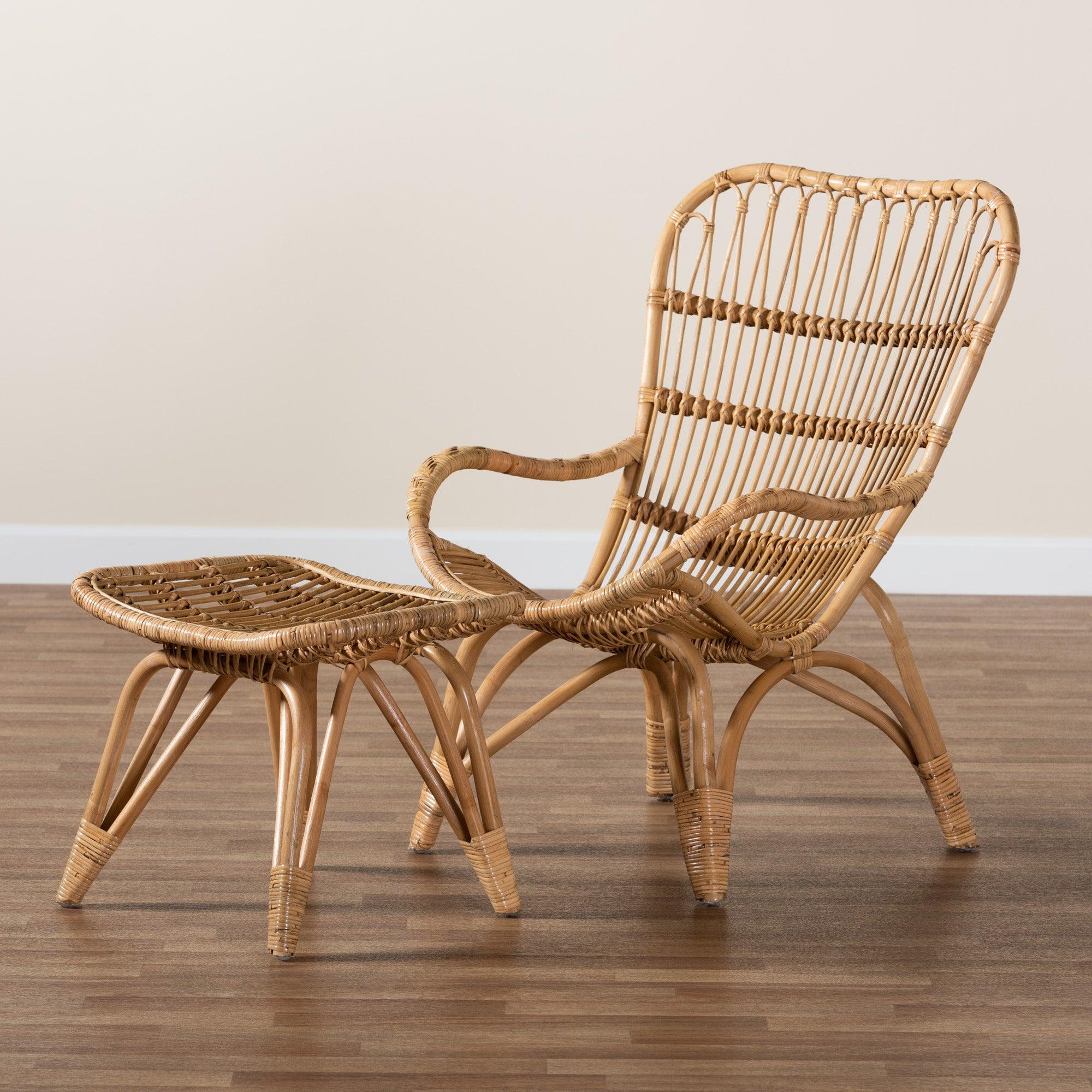 Earvin Modern Bohemian Rattan 2-Piece Armchair and Footstool Set