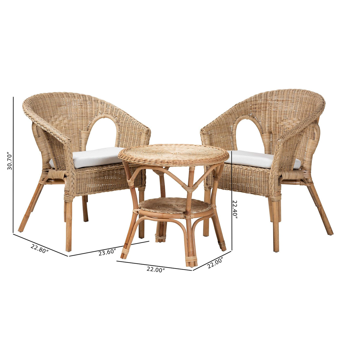 Abbey Modern Bohemian Antique Rattan 3-Piece Living Room Set
