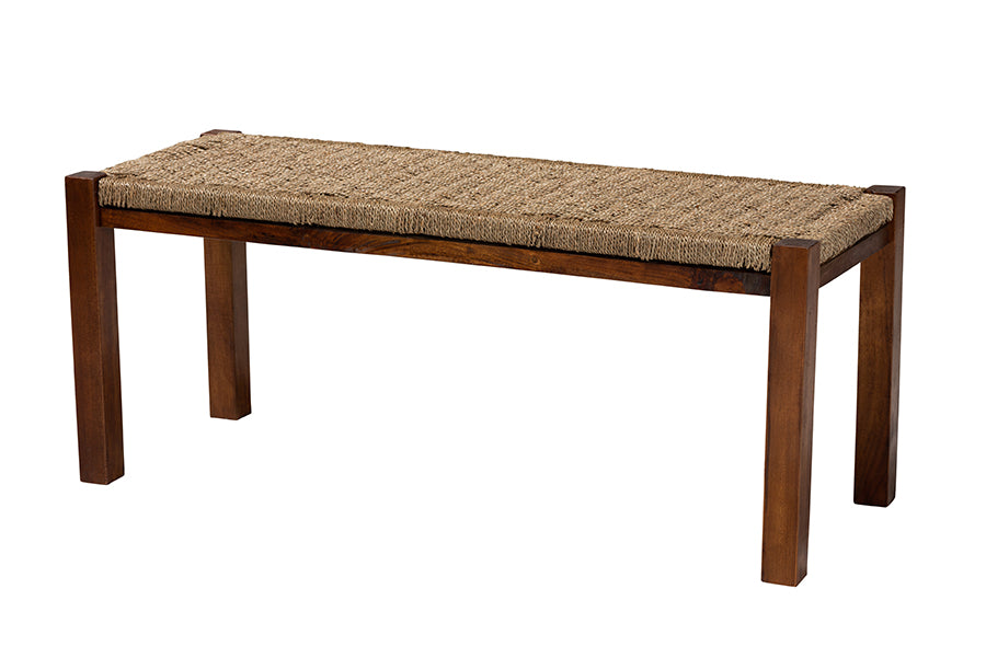 Bali & Pari Hermes Mid-Century Modern Transitional Seagrass and Mahogany Wood Bench