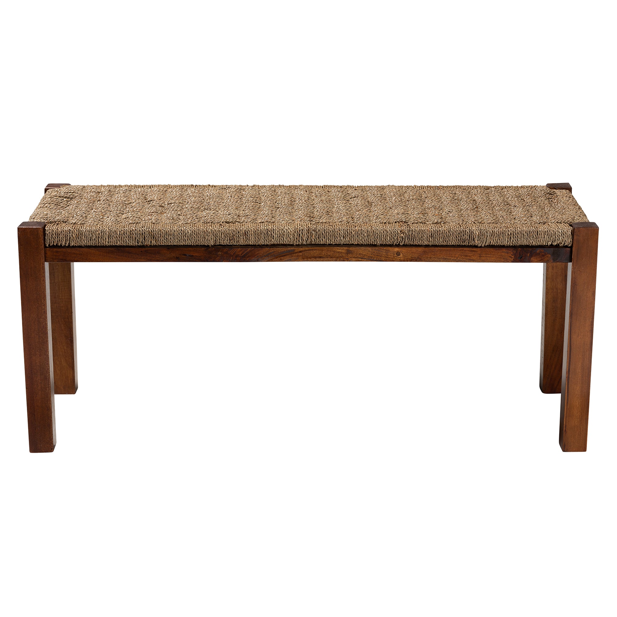 Bali & Pari Hermes Mid-Century Modern Transitional Seagrass and Mahogany Wood Bench