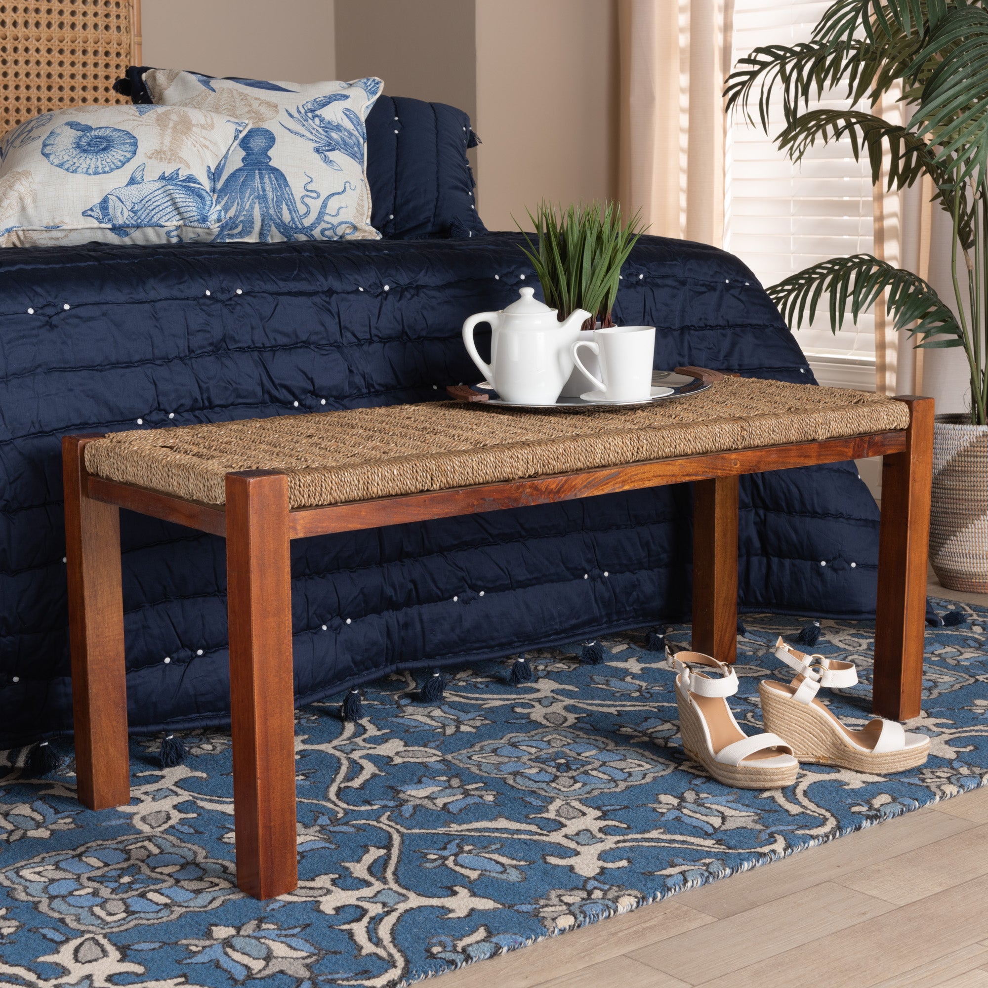 bali & pari Hermes Mid-Century Modern Transitional Seagrass and Mahogany Wood Bench