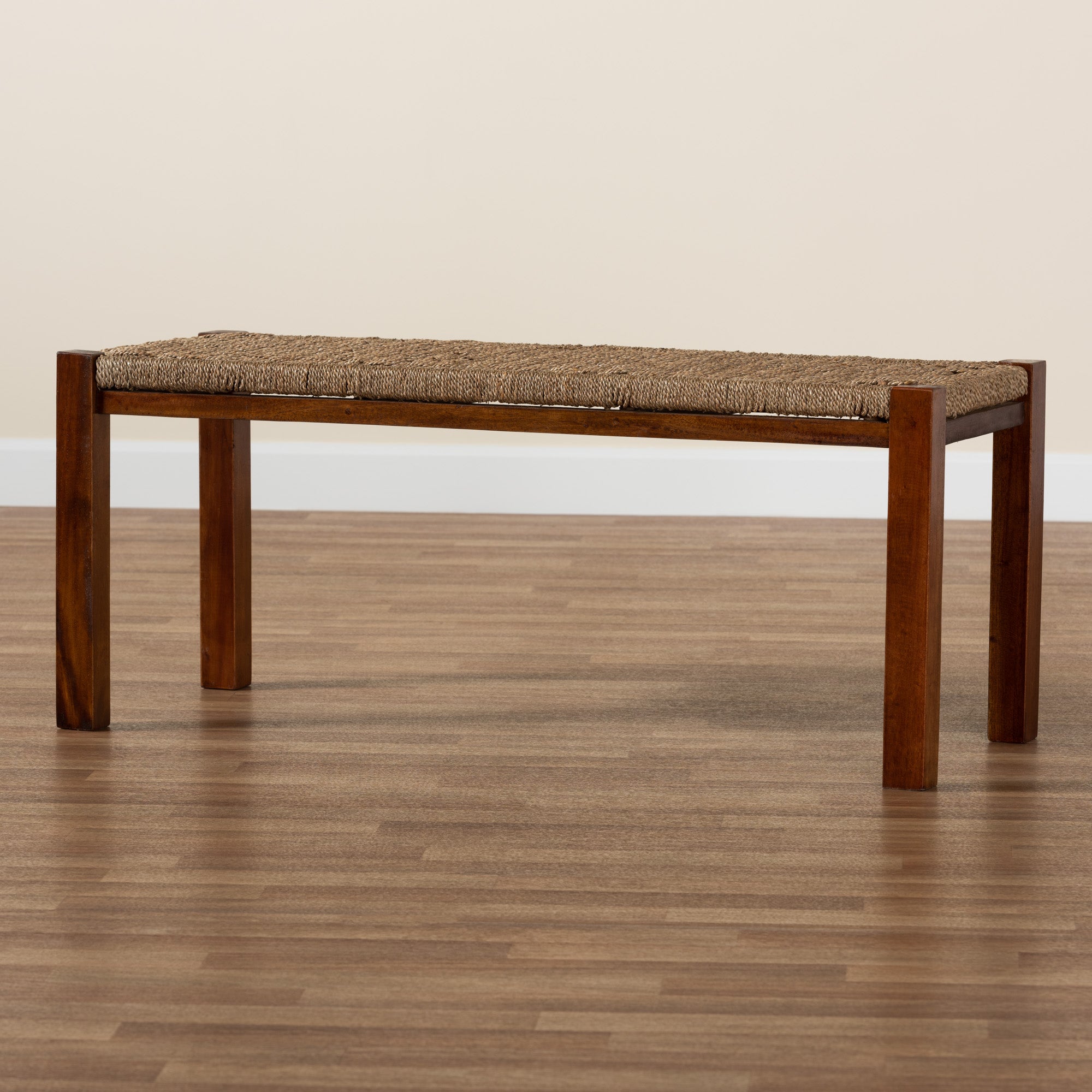 bali & pari Hermes Mid-Century Modern Transitional Seagrass and Mahogany Wood Bench