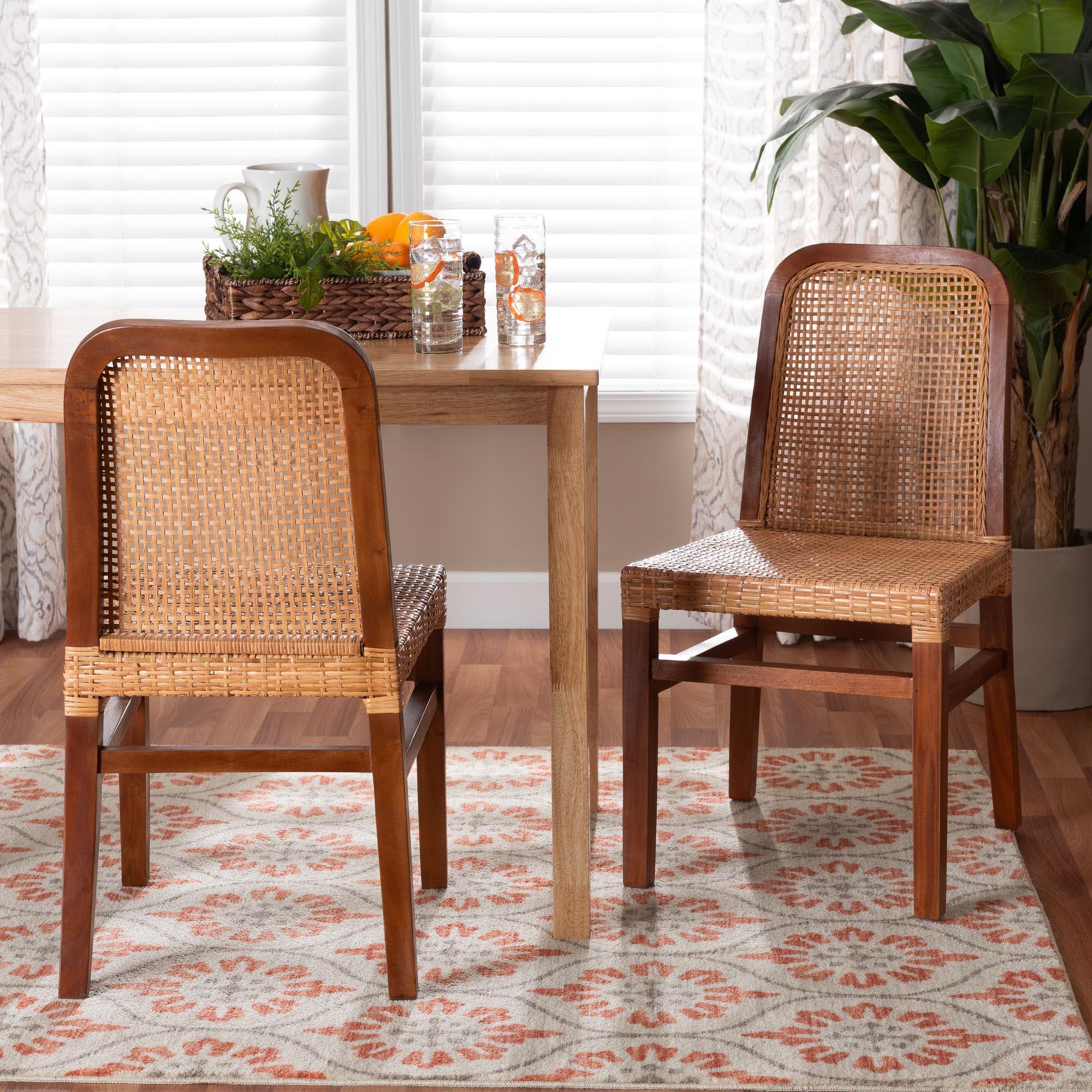 bali & pari Caspia Mid-Century Modern Mahogany Wood and Rattan 2-Piece Dining Chair Set
