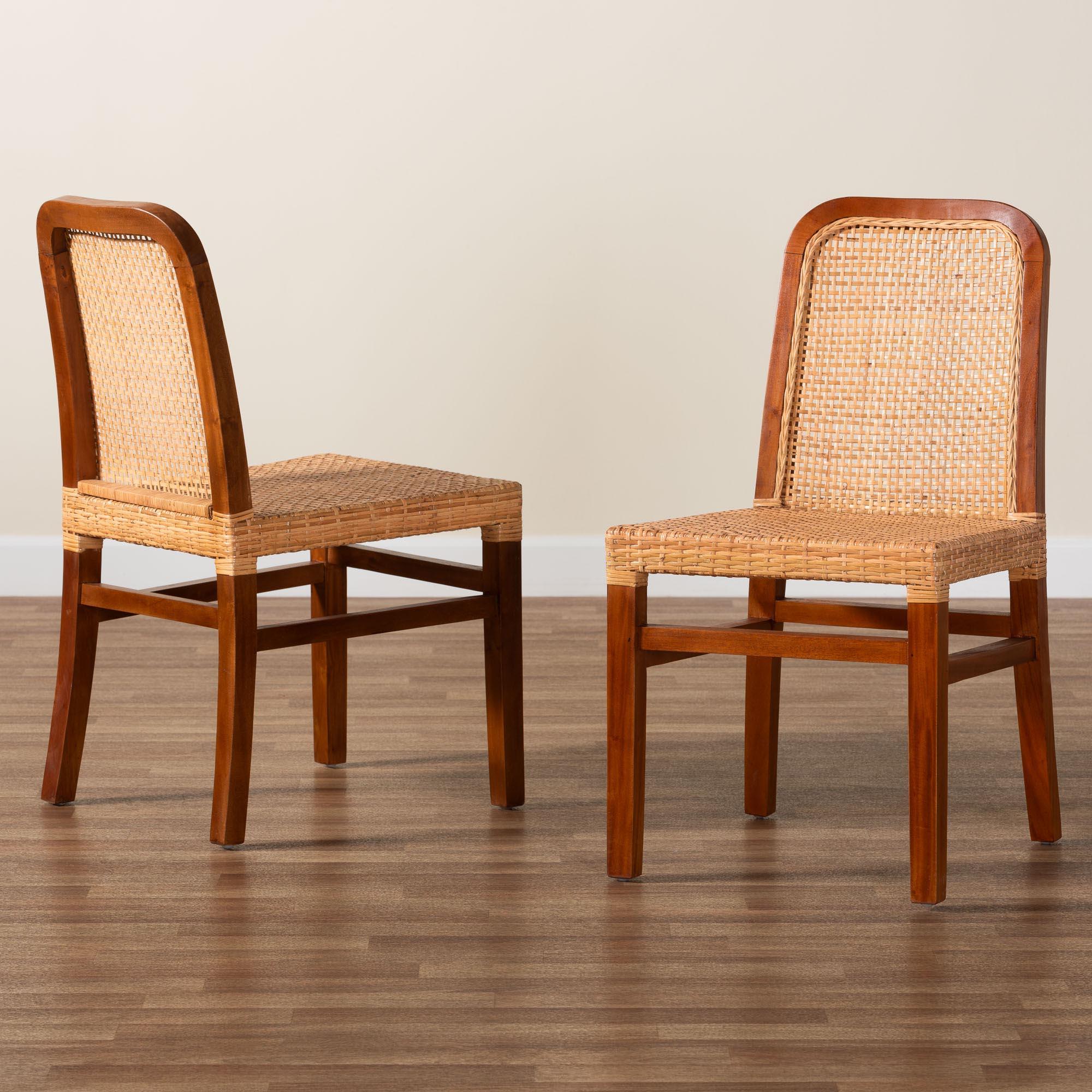 bali & pari Caspia Mid-Century Modern Mahogany Wood and Rattan 2-Piece Dining Chair Set