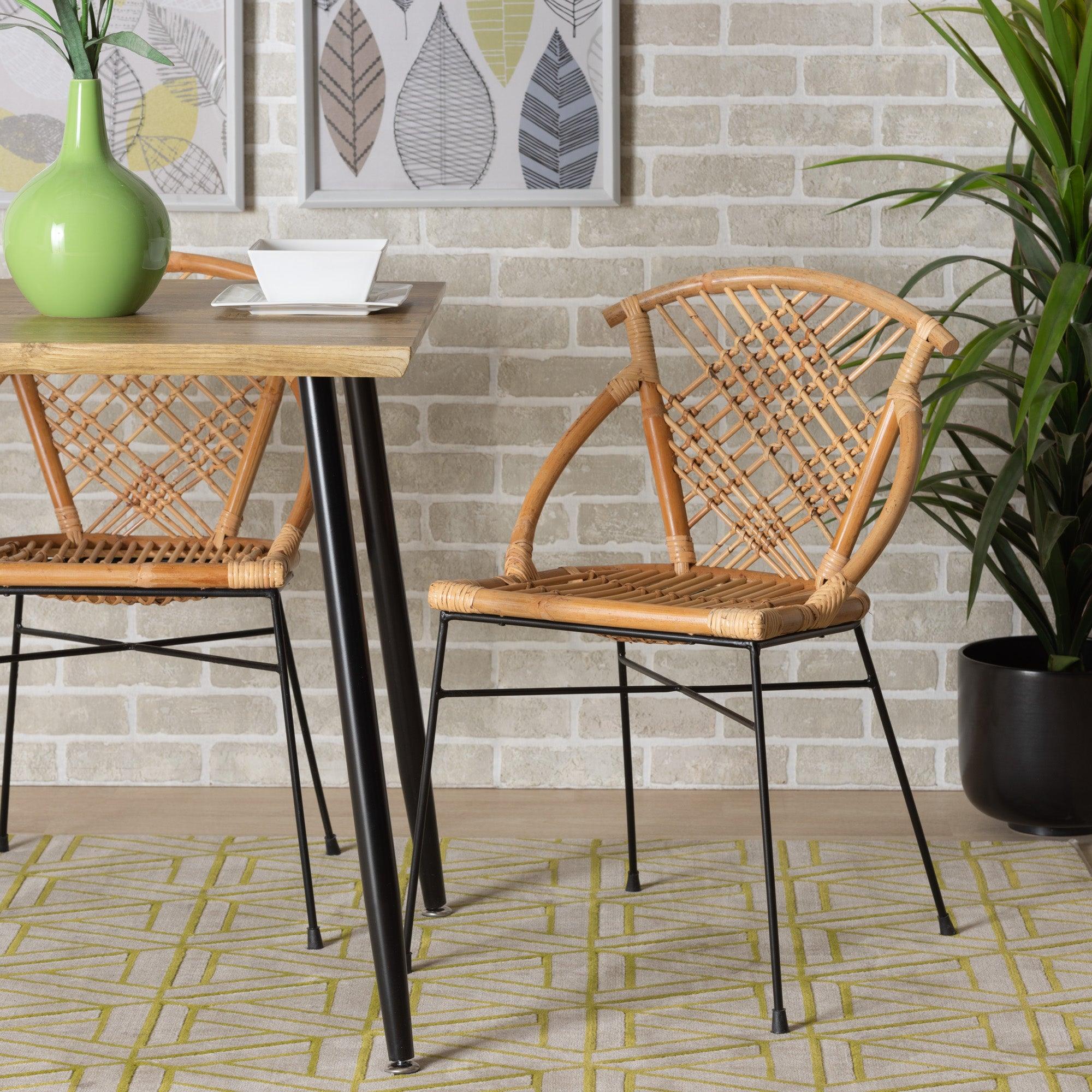 bali & pari Pro Modern Bohemian Rattan and Metal 2-Piece Dining Chair Set