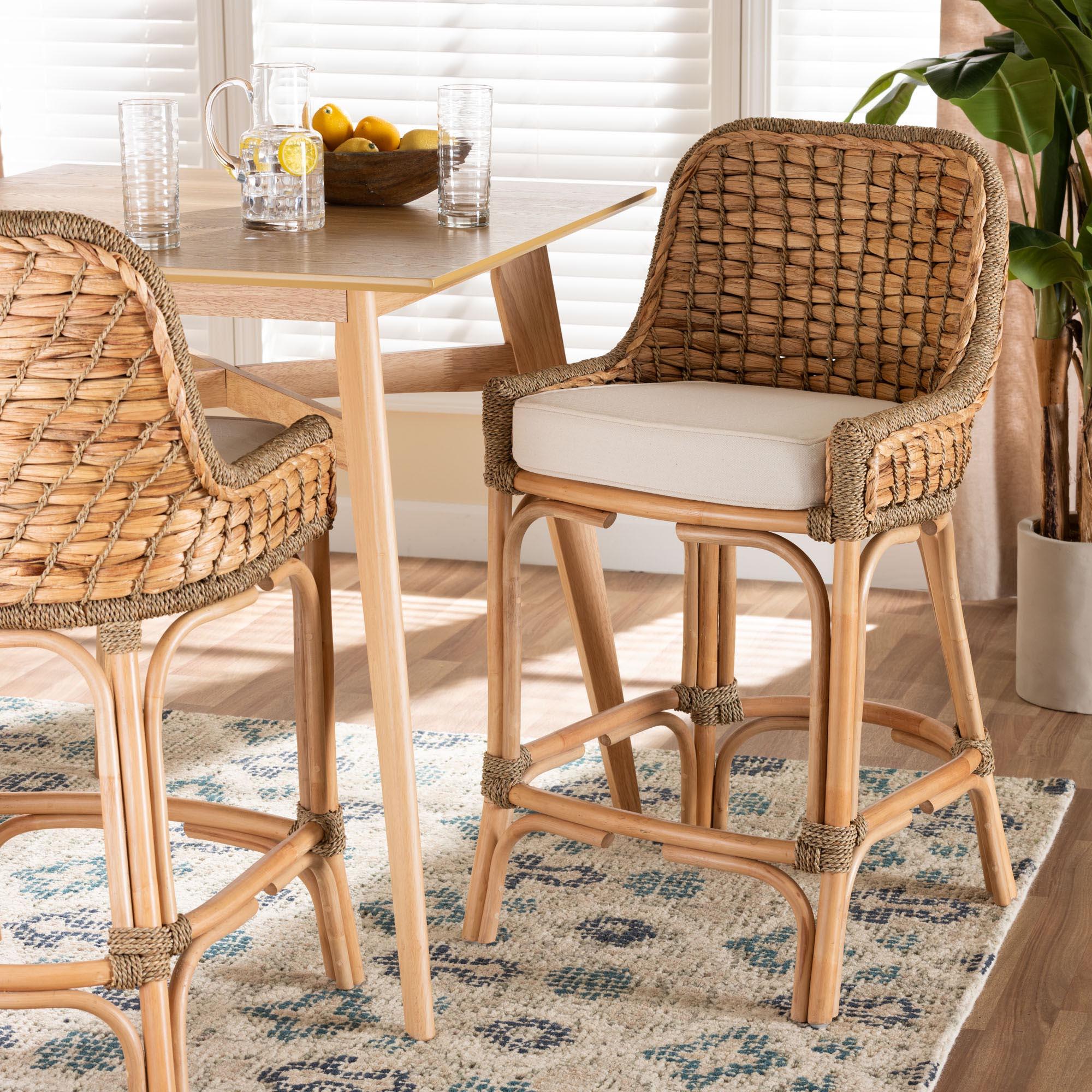 bali & pari Kyle Modern Bohemian Woven Rattan Counter Stool with Cushion