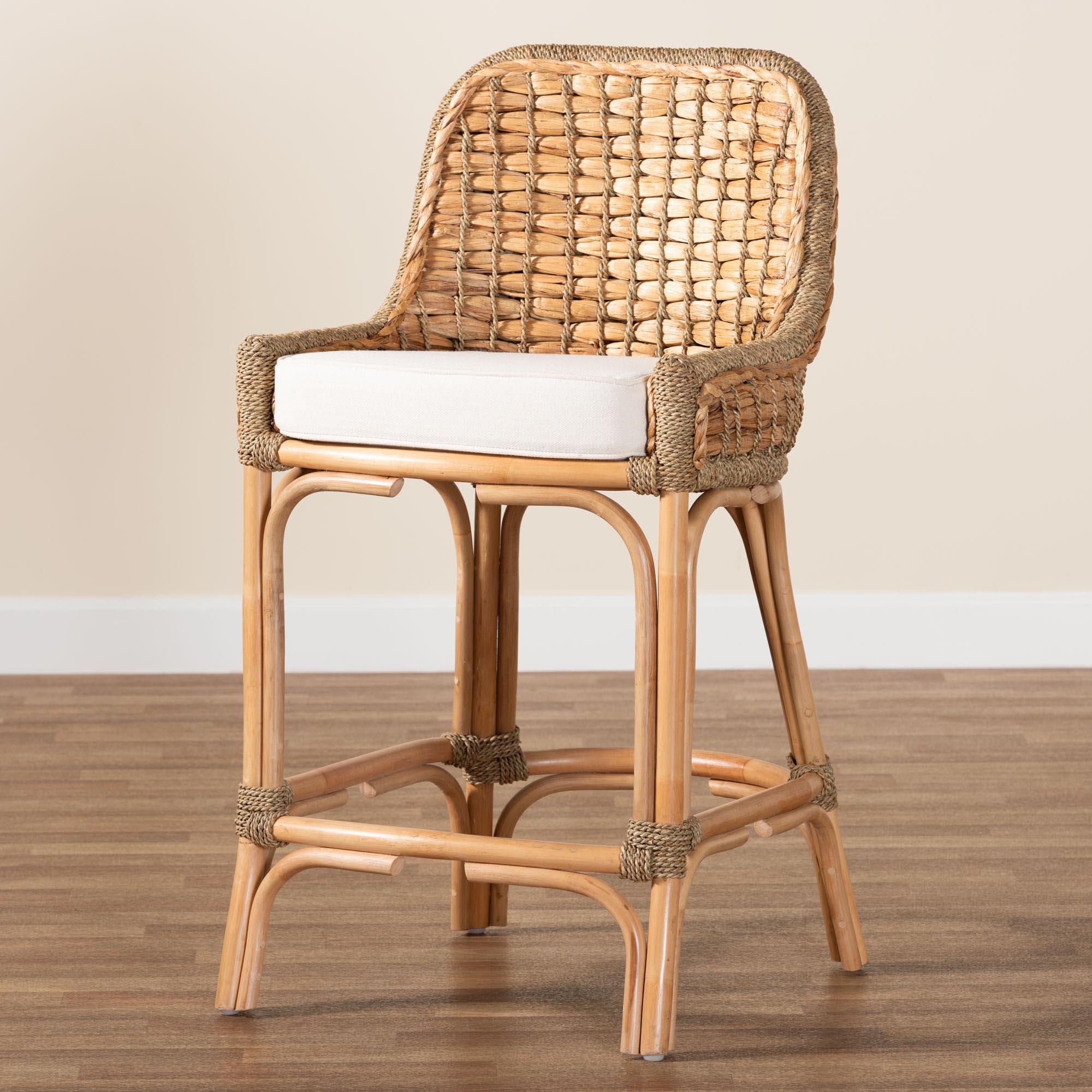 bali & pari Kyle Modern Bohemian Woven Rattan Counter Stool with Cushion