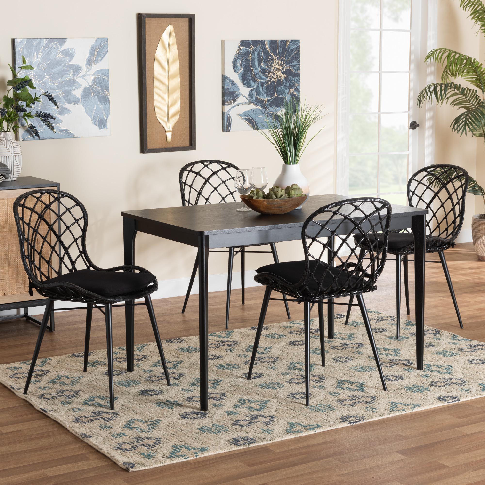 Sabelle Modern Bohemian Finished Wood and Rattan 5-Piece Dining Set