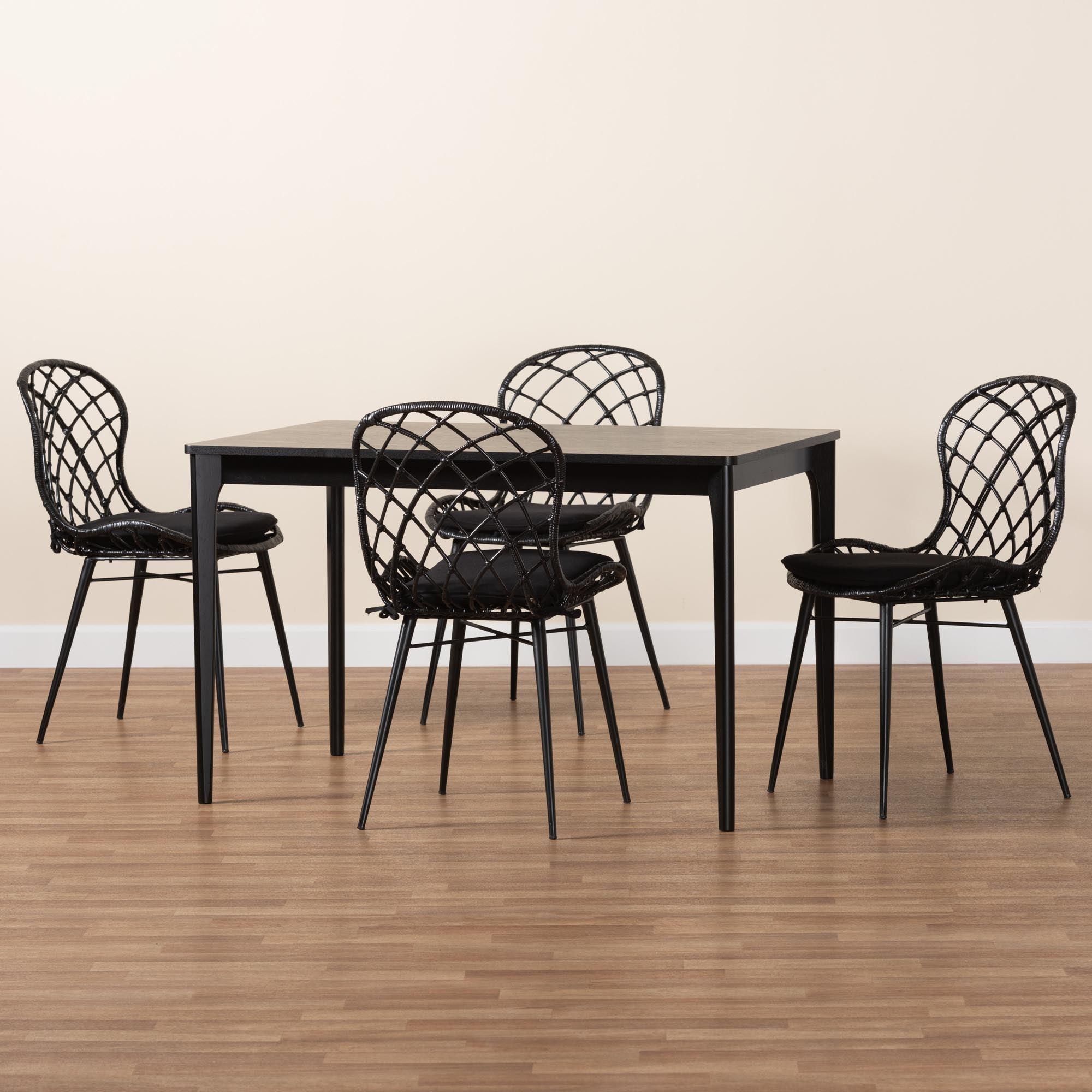 Sabelle Modern Bohemian Finished Wood and Rattan 5-Piece Dining Set