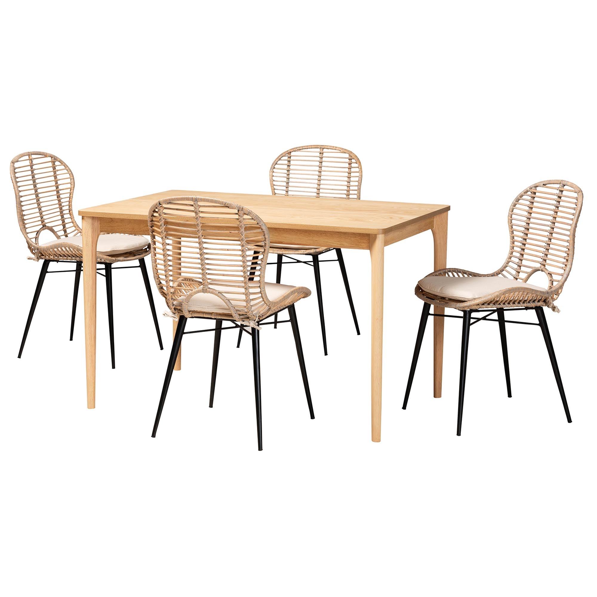 Brenna Modern Bohemian washed Rattan and Finished Wood 5-Piece Dining Set