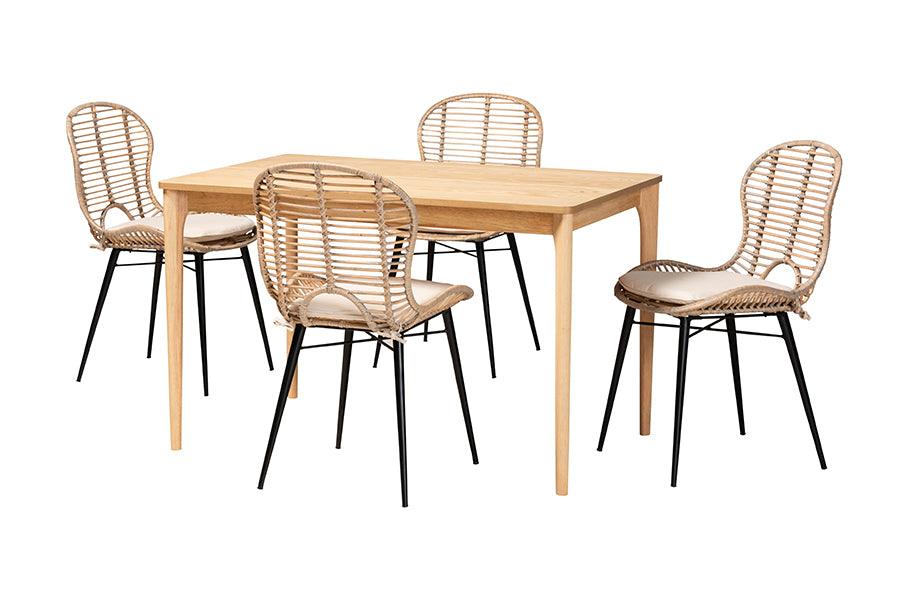 Brenna Modern Bohemian washed Rattan and Finished Wood 5-Piece Dining Set