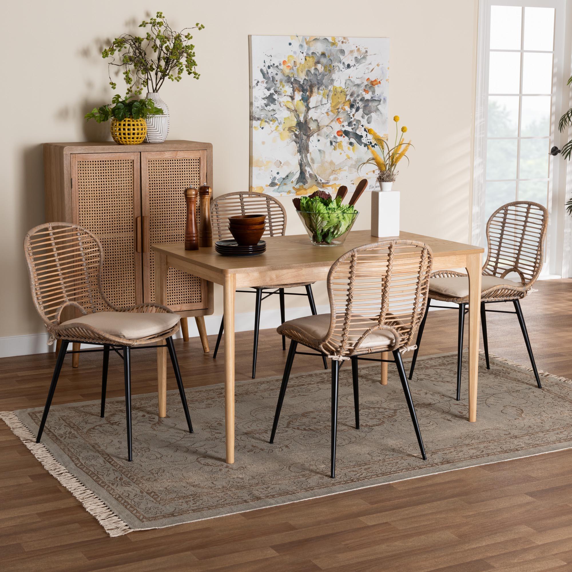 Brenna Modern Bohemian washed Rattan and Finished Wood 5-Piece Dining Set