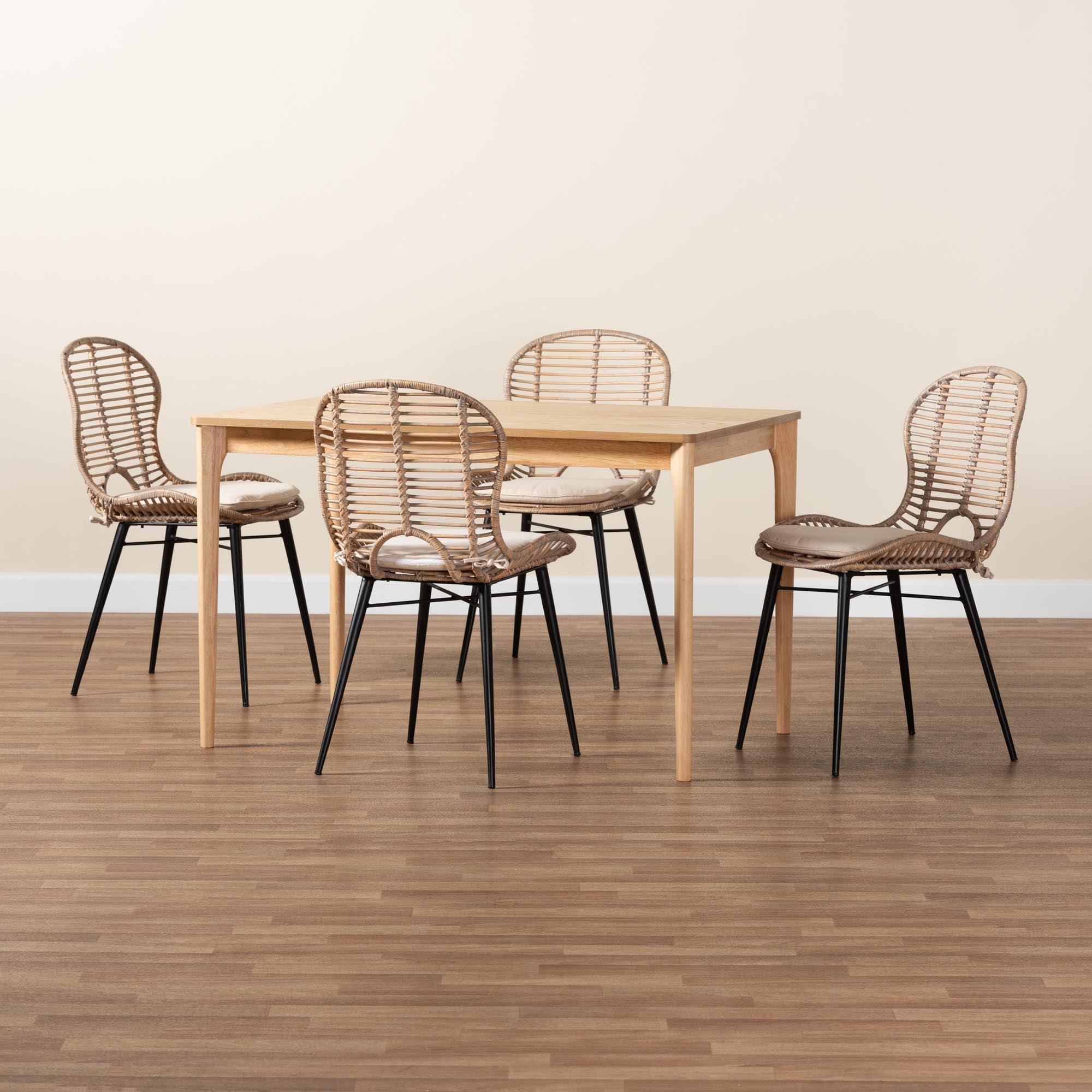 Brenna Modern Bohemian washed Rattan and Finished Wood 5-Piece Dining Set