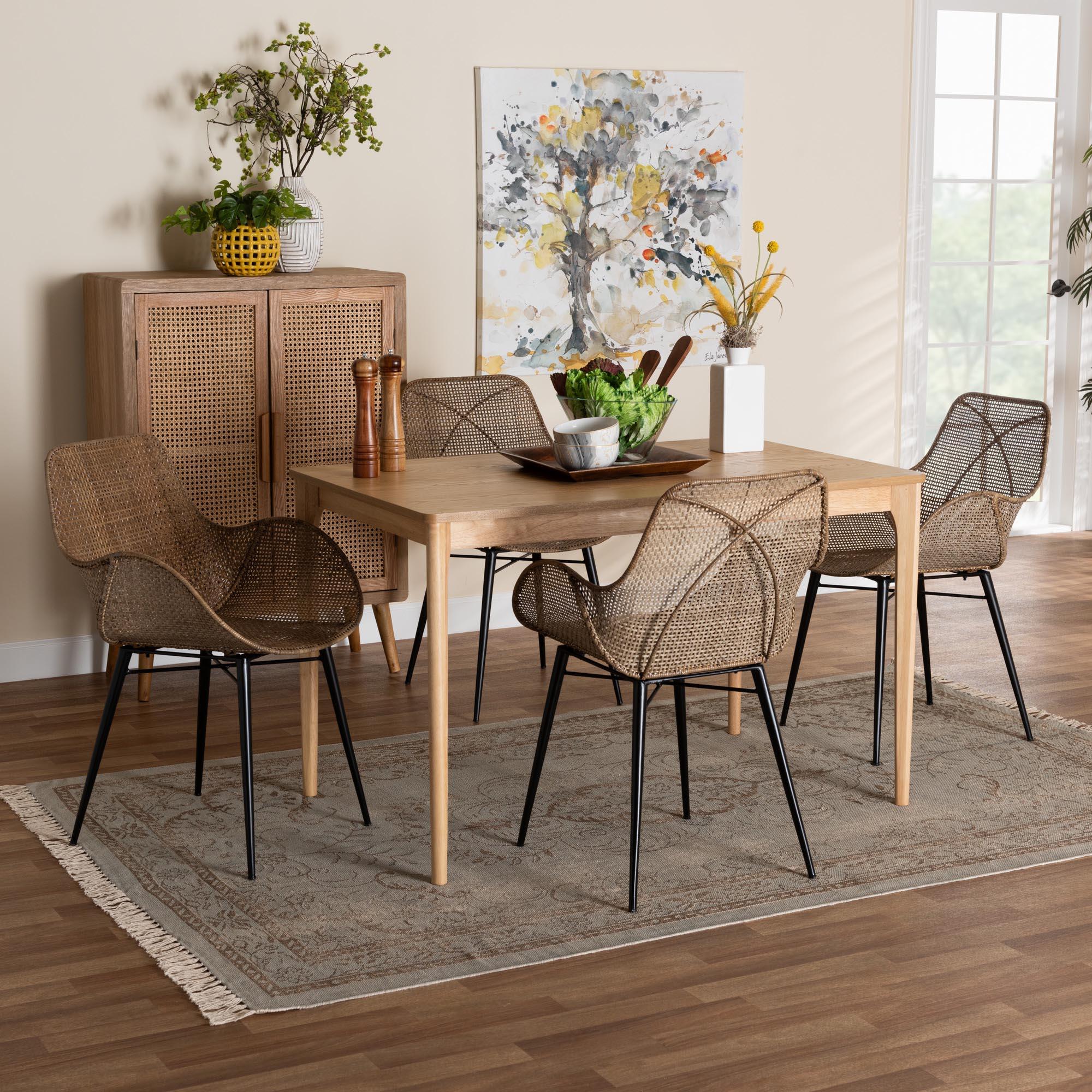 Ballerina Modern Bohemian washed Rattan and Metal 5-Piece Dining Set