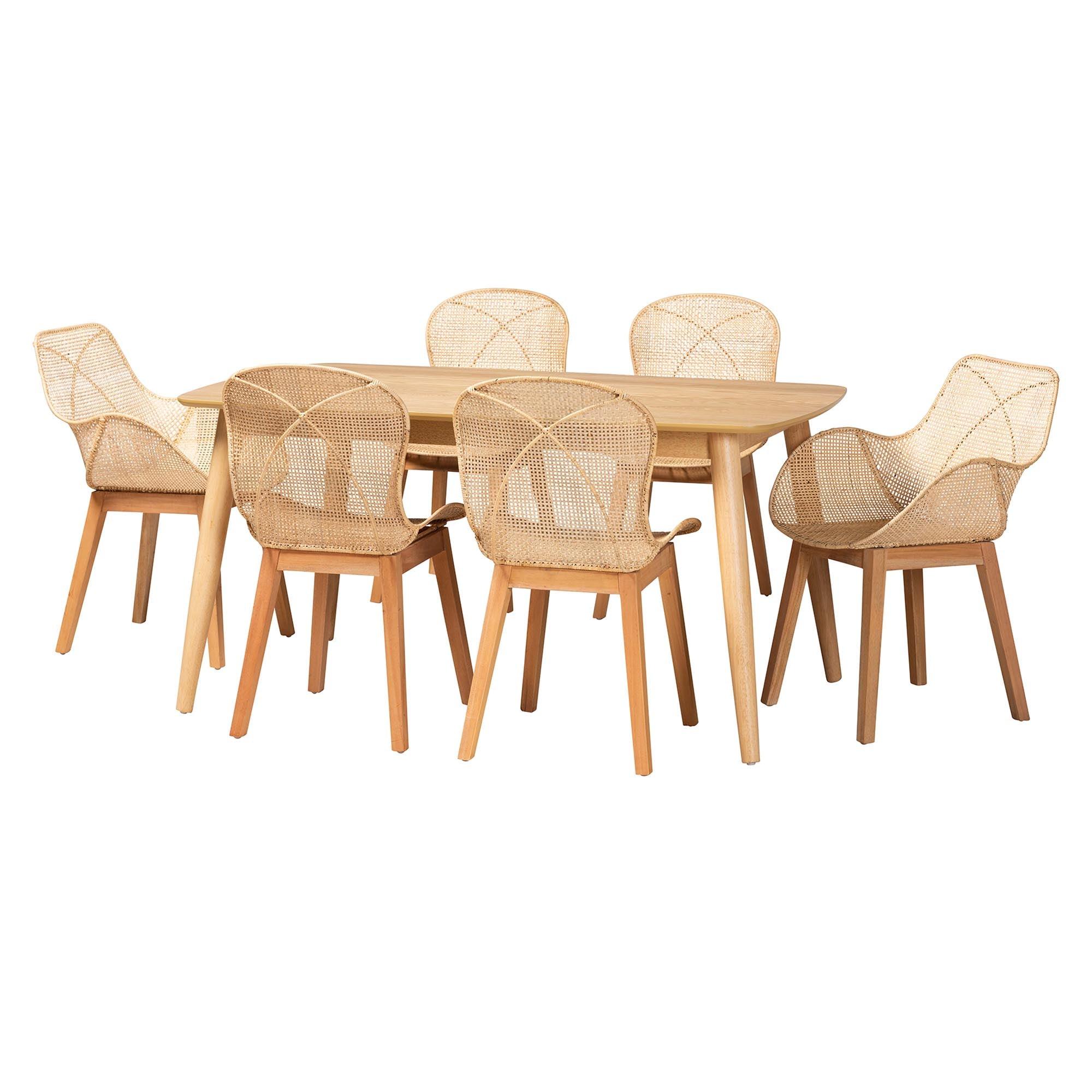Emmali Modern Bohemian Finished Wood and Rattan 7-Piece Dining Set