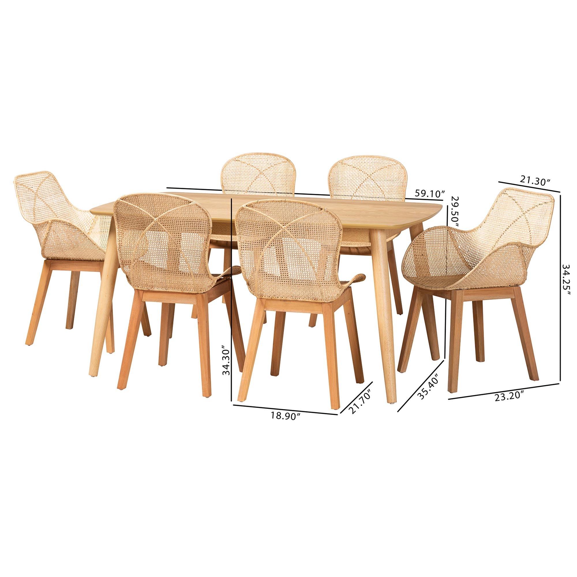 Emmali Modern Bohemian Finished Wood and Rattan 7-Piece Dining Set