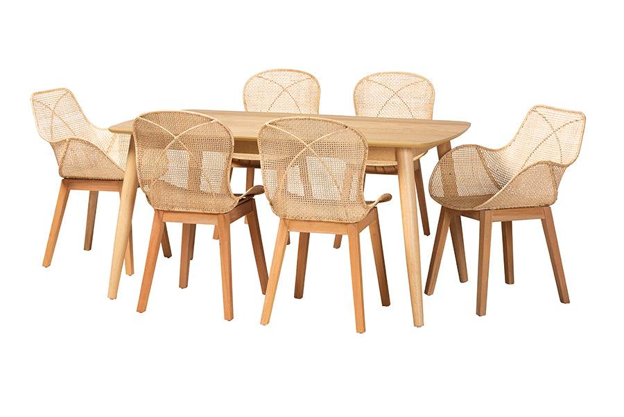 Emmali Modern Bohemian Finished Wood and Rattan 7-Piece Dining Set