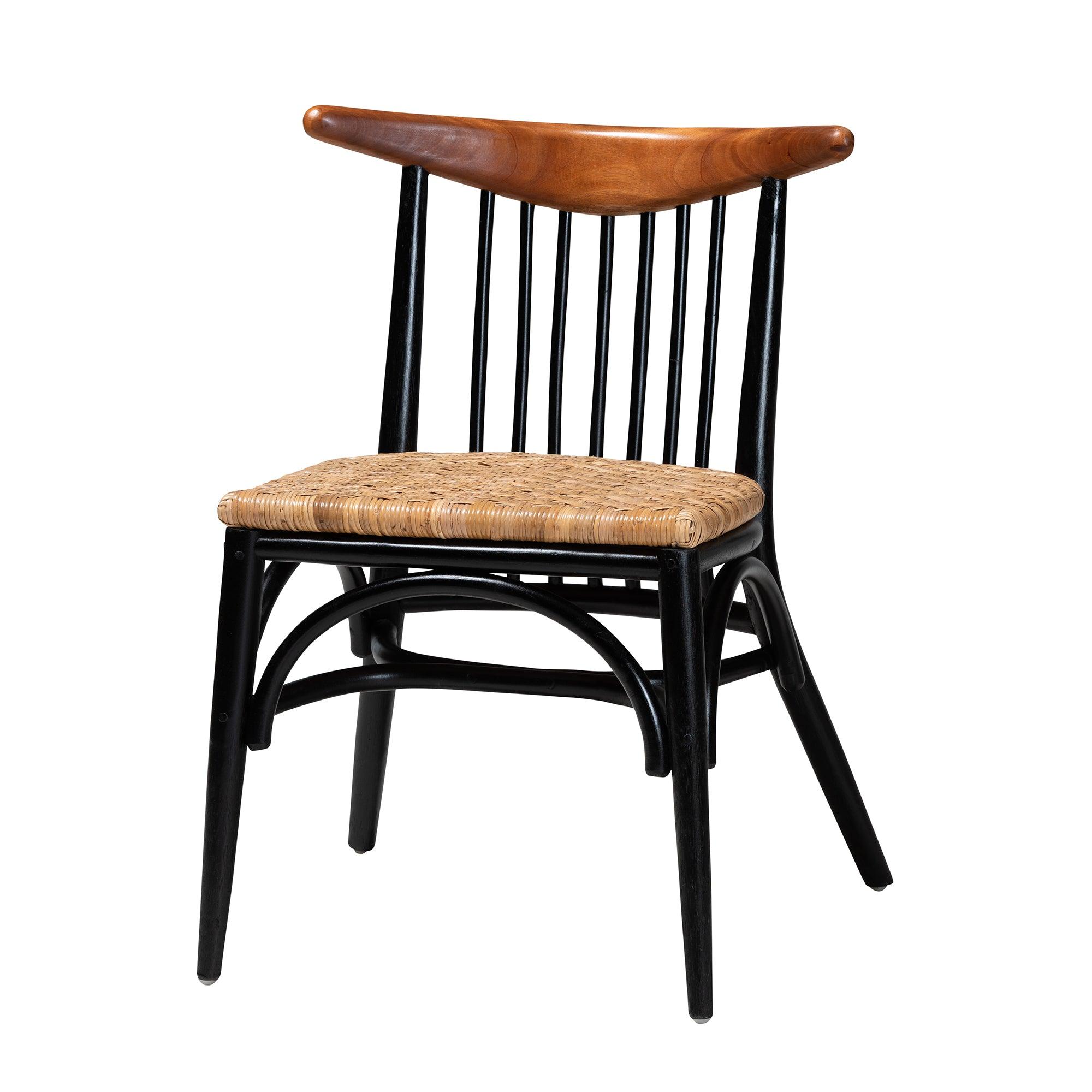 bali & pari Parthenia Mid-Century Modern Two-Tone and Finished Mahogany Wood and Rattan Dining Chair